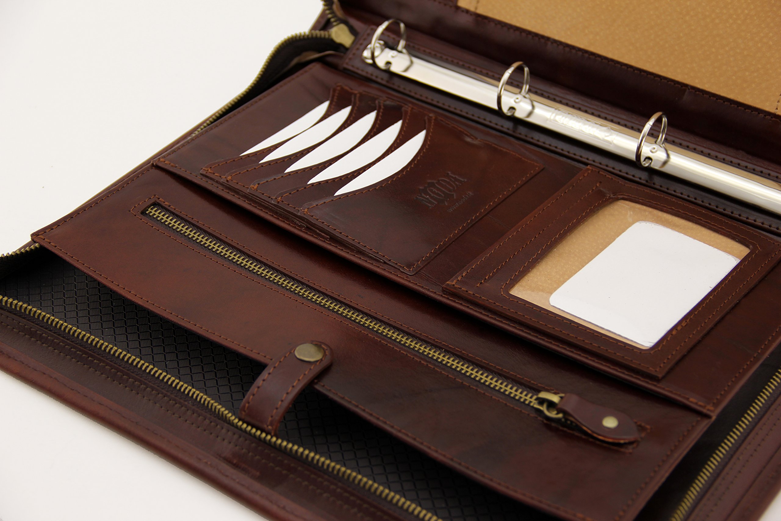 Pelle italiana portafoglio, con zip, formato A4, 4 Padfolio raccoglitore ad anelli, in pelle Folio con manico Marrone