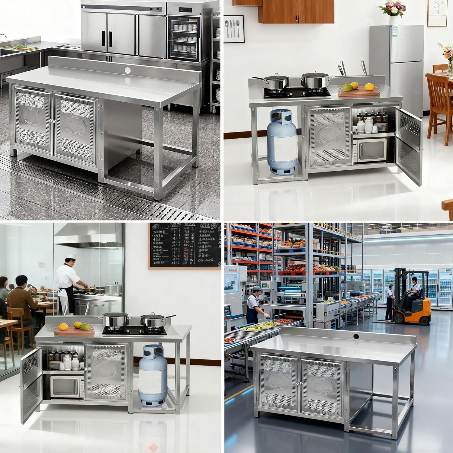 Double Door Stainless Steel Workbench Vertical Kitchen Shelf Table Water Blocking Backboard Design for Food Preparation Platform Gas Can Storage Rack Easy yo Install(110cm/43.3”)