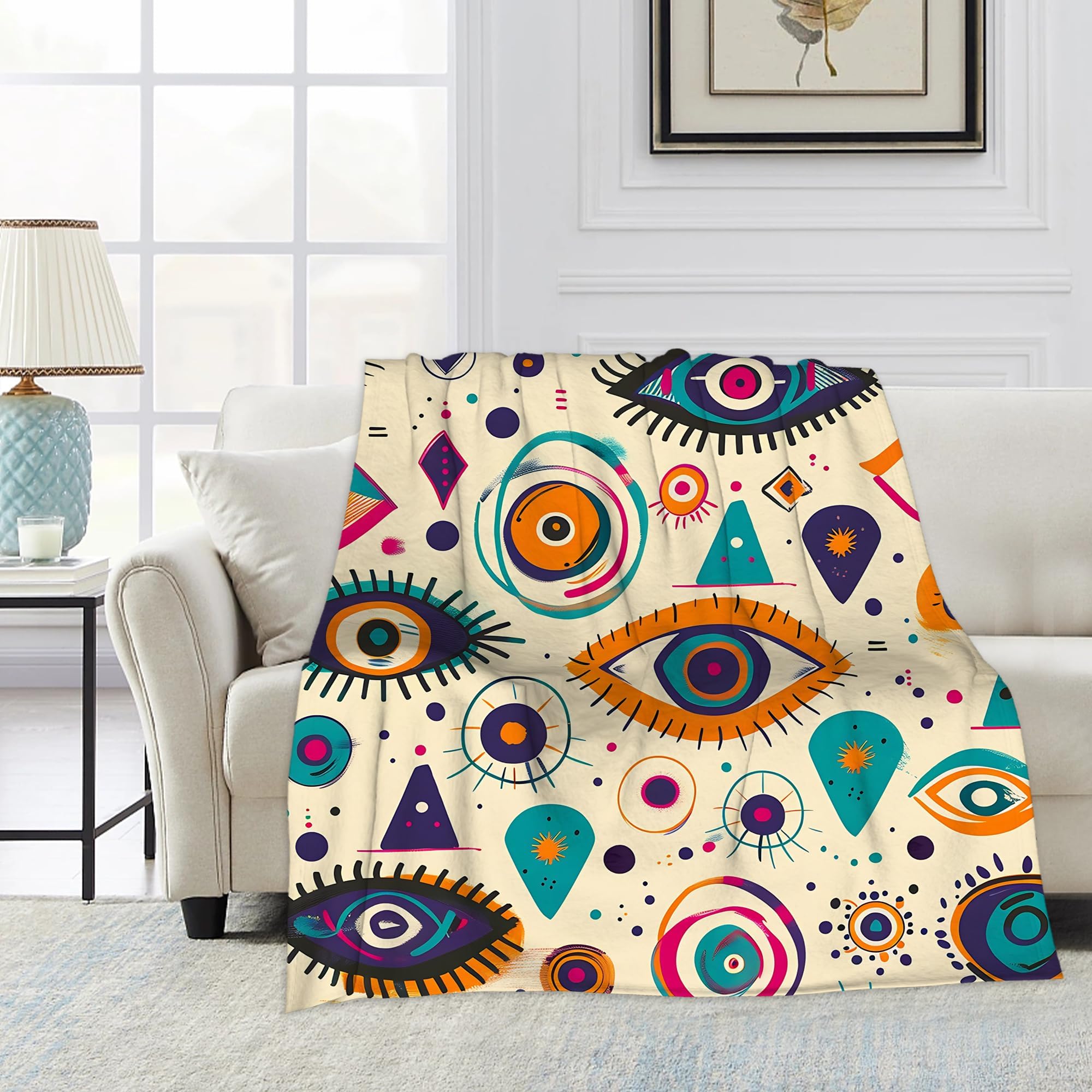 Abstract Evil Eye Throw Blanket, Boho Blanket Throw for Adults, Lightweight Soft Cozy Blanket for Couch Sofa Bed Room Decor 50x60 Inches