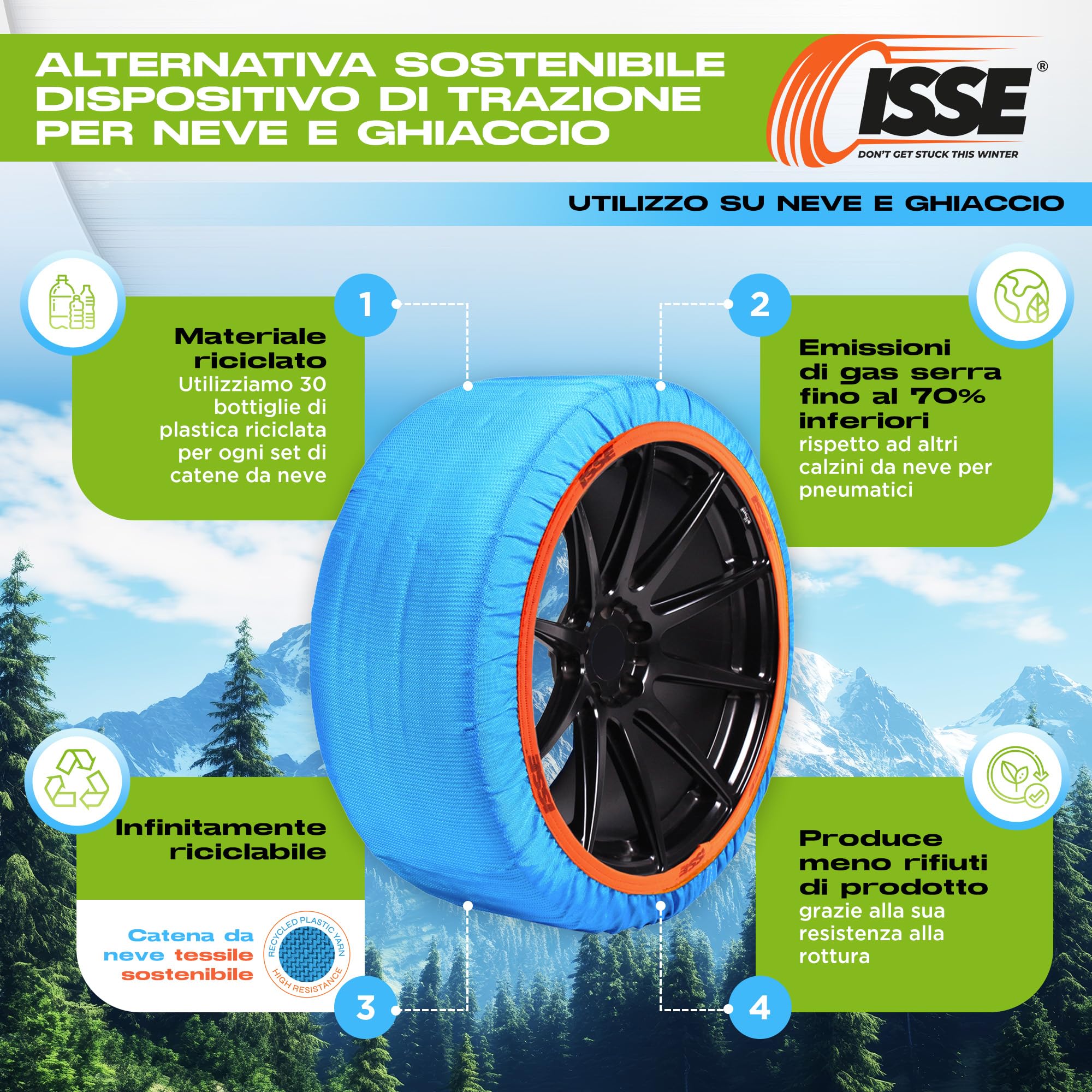 ISSE Catene da neve riciclate per auto T-70 | Catene da neve in tessuto riciclato -Omologate Italia EN 16662-1- Catene per auto di tutti i giorni per neve e ghiaccio - Kit di 2 catene