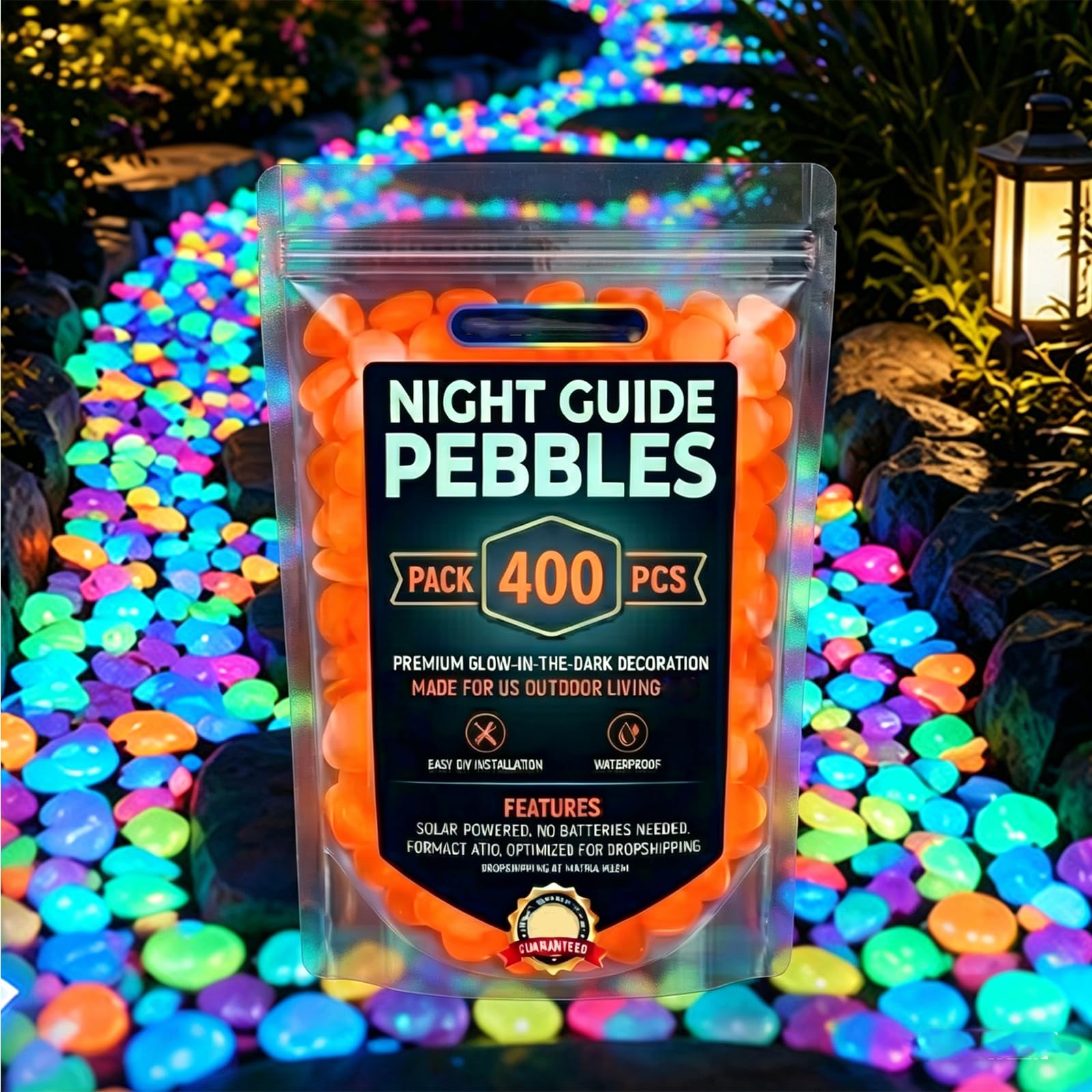Colorful Glow-in-the-Dark Garden Stones, Night Guide Pebbles Glow, Rainbow Luminous Stepping Stones for Outdoor Walkway & Landscaping, Glowing Fish Tank Decorations, Vase Glow-Rocks (Orange,400)