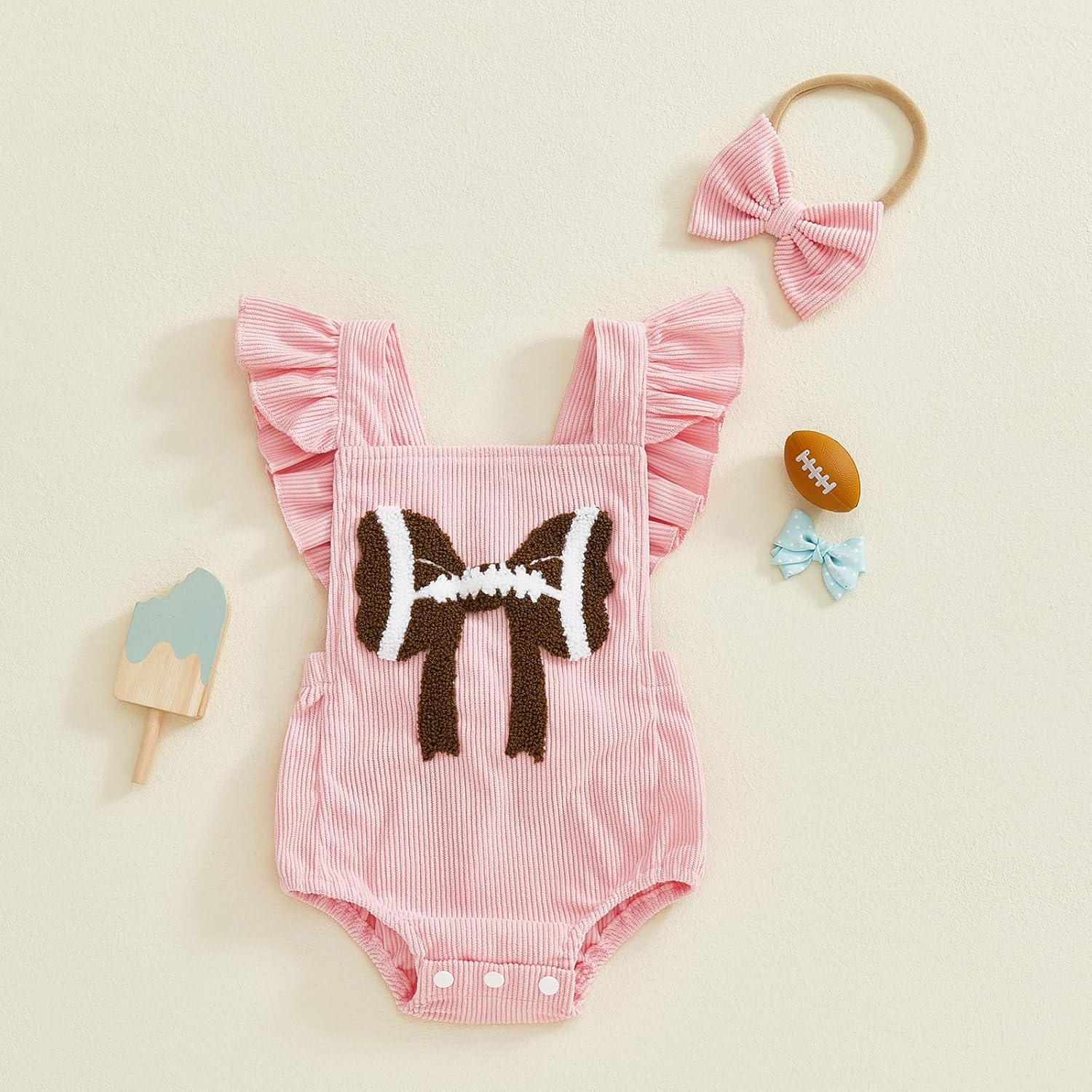 Karuedoo Newborn Baby Girl Football Clothes Football Bow Embroidery Ruffle Sleeveless Corduroy Romper Bodysuit with Headband - Image 5