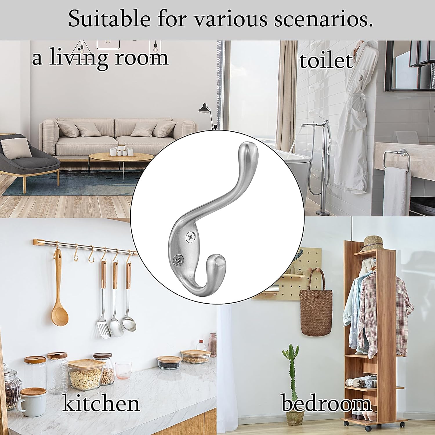 Coat Hooks 5 Pack - Heavy Duty Wall Mounted Brushed Nickel Door Hooks Double Prong Hooks for Hanging Clothes/Towels - Sturdiness Design with Better Mounting System - Image 6