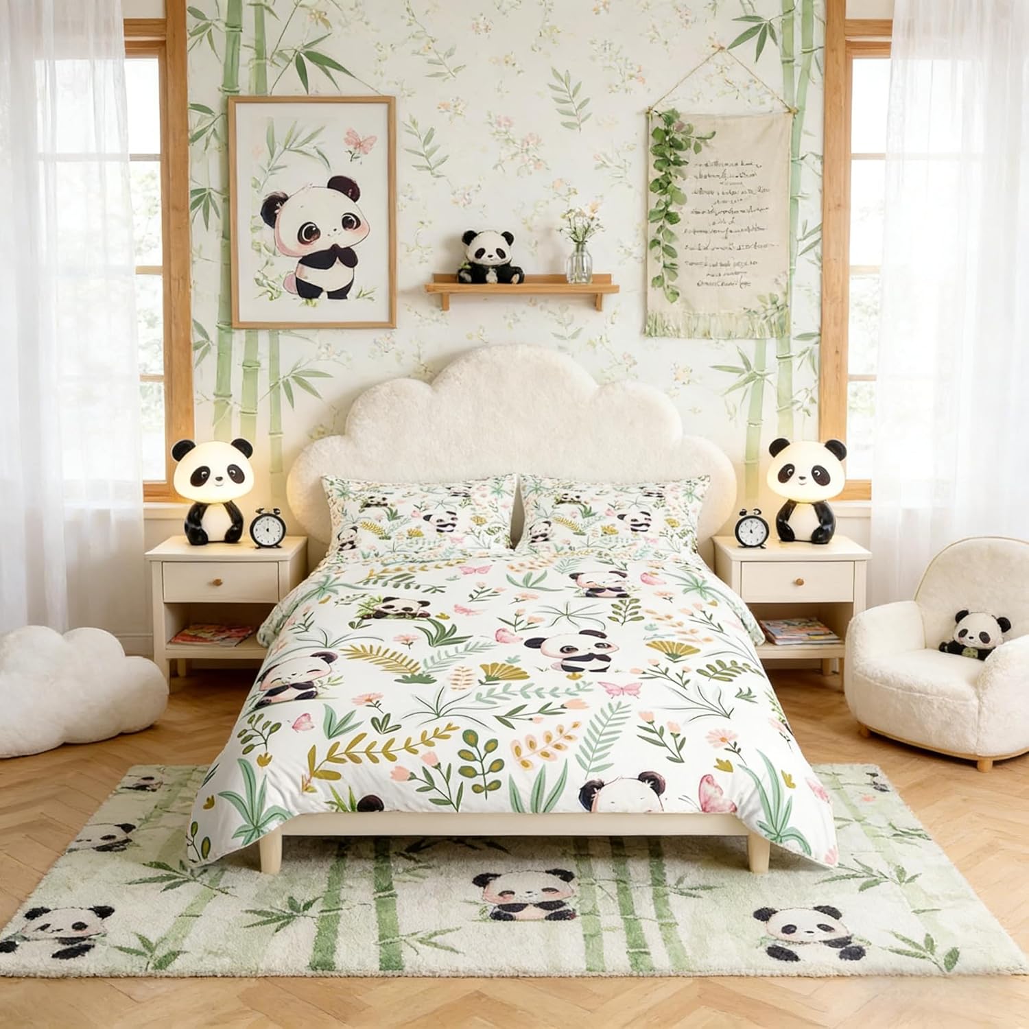 Cute Panda Duvet Cover Set Full Size,Kawaii Black White Panda Leaves Plant Comforter Cover with 2 Pillowcases,Cartoon Animal Pink Butterfly Breathable Bedspread for Boys Teens