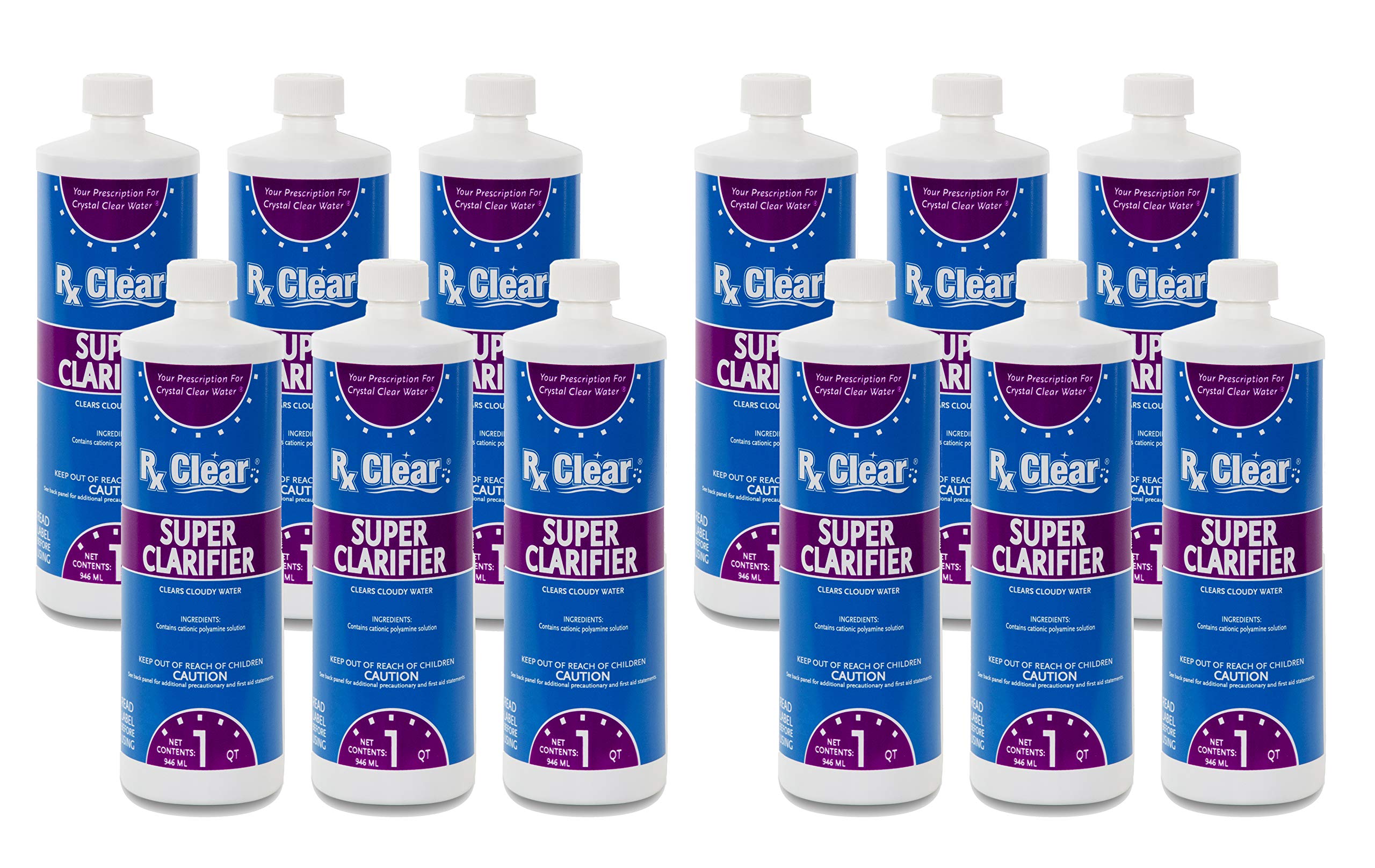 Rx ClearSuper Strength Clarifier | Clears Cloudy Water for Above Ground Or In-Ground Swimming Pools and Spas | 1 Quart Bottle | 12 Pack