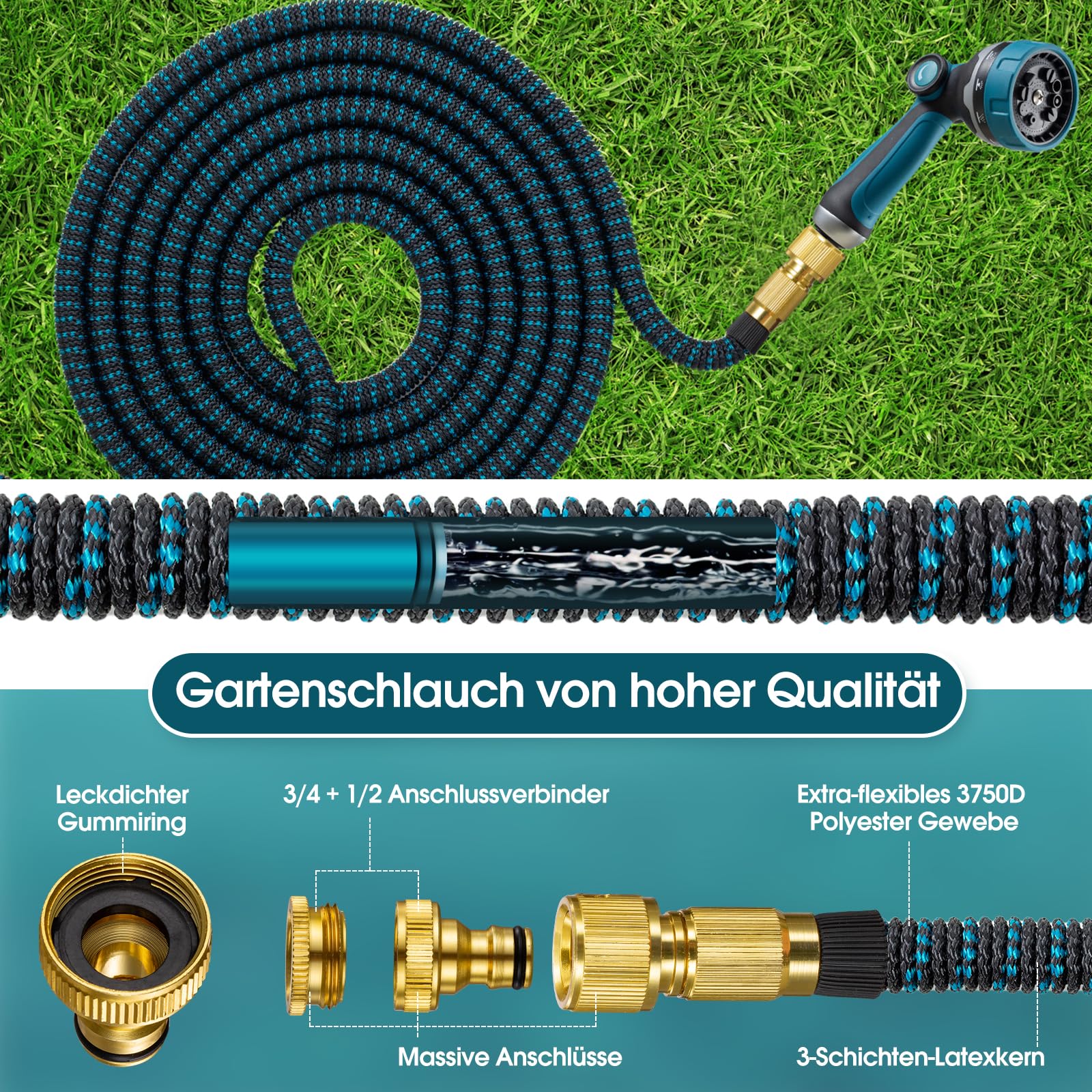 Gartenschlauch 15m Flexibel Wasserschlauch mit 10-Funktionen-Sprühkopf, Leichter Flexibler Schlauch mit 3/4 Zoll und 1/2 Zoll Massiven Anschlüssen und 3-Lagigem