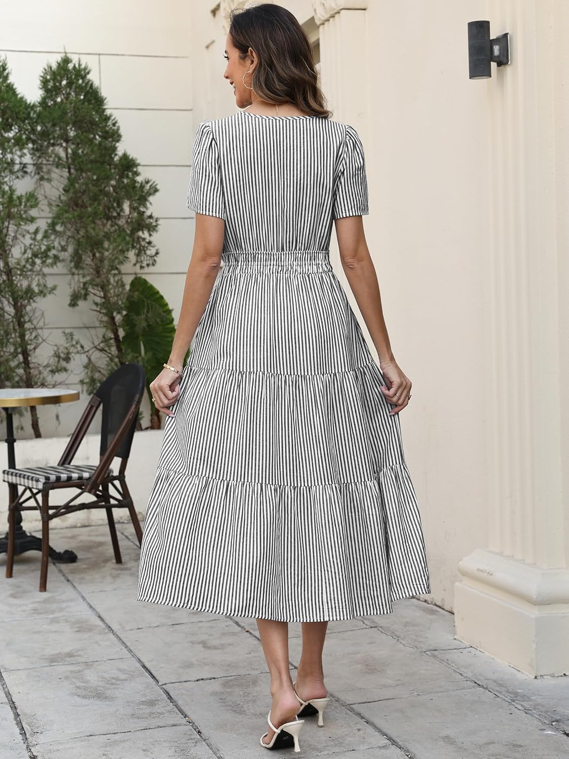 Caracilia Women's Summer Short Sleeve V-Neck Maxi Dress, Gingham & Striped Fabric, Casual A-Line Dress for Beach & Vacation