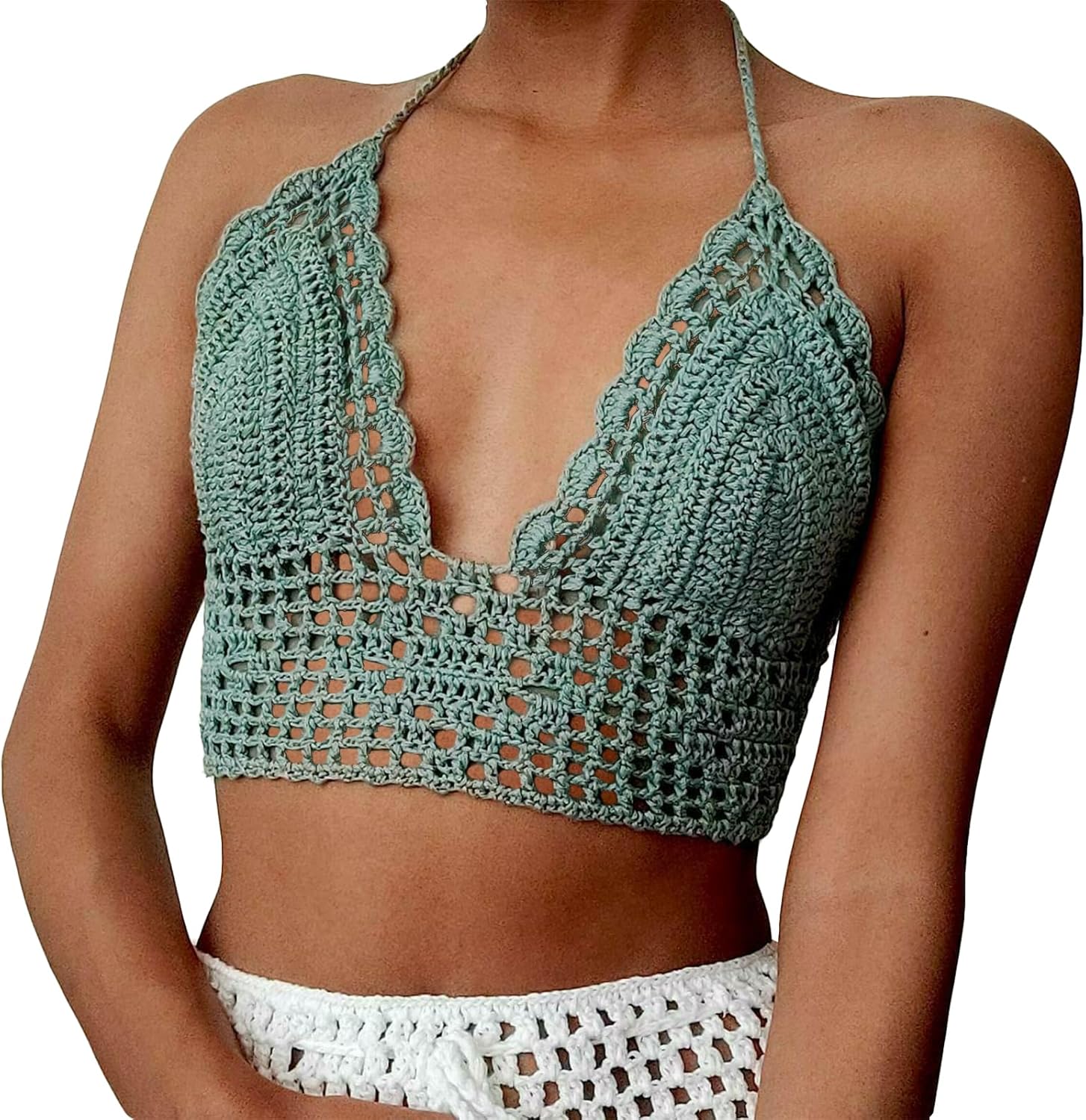 Crochet Halter Tops for Women Backless Camisole Knit Bra Tops Bralette Summer Beachwear