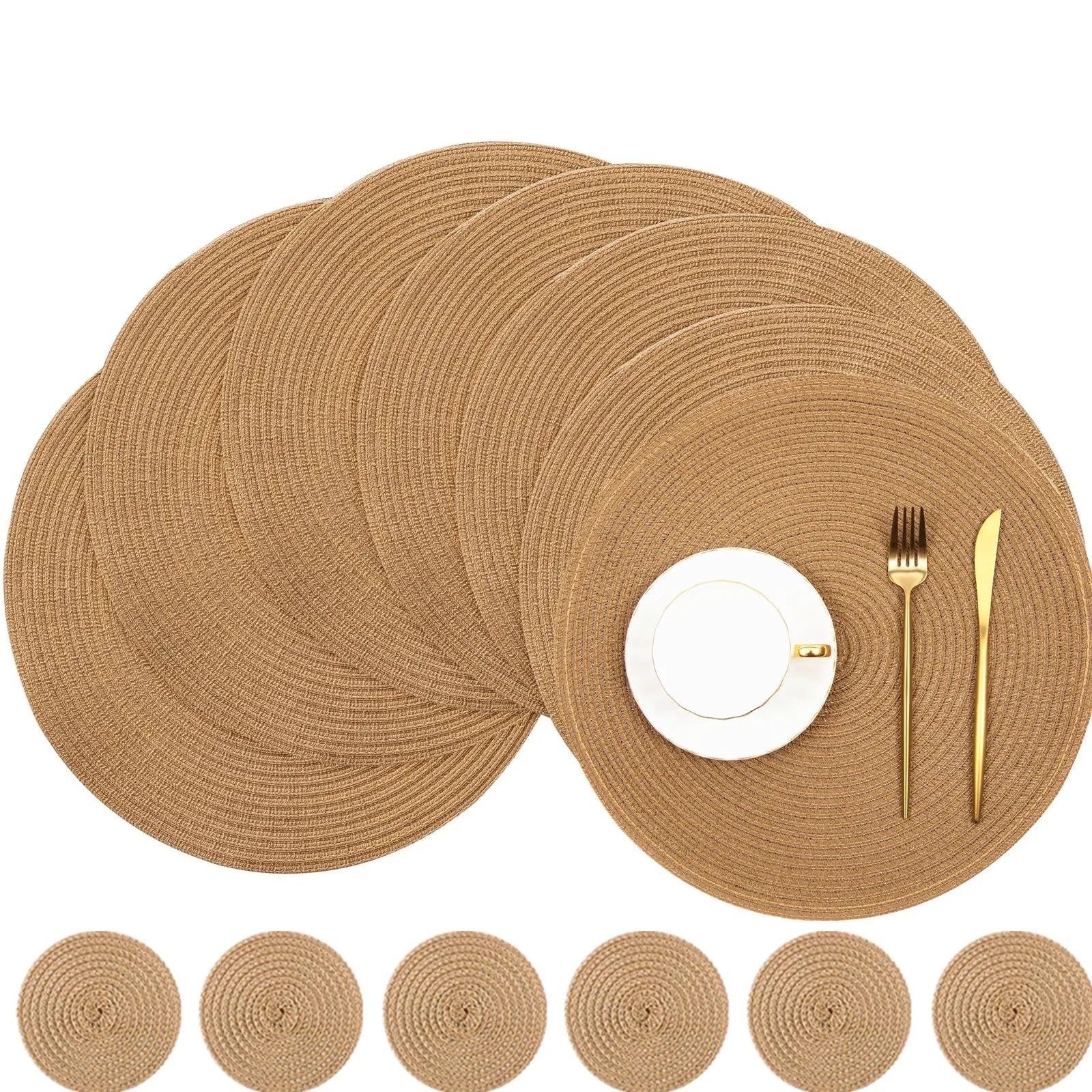 Manteles Individuales Juego de manteles Individuales Trenzados Redondos 6 Lavables Resistentes al Calor 34cm for Cocina, Mesa Comedor Navidad, decoración Fiesta(Grey)
