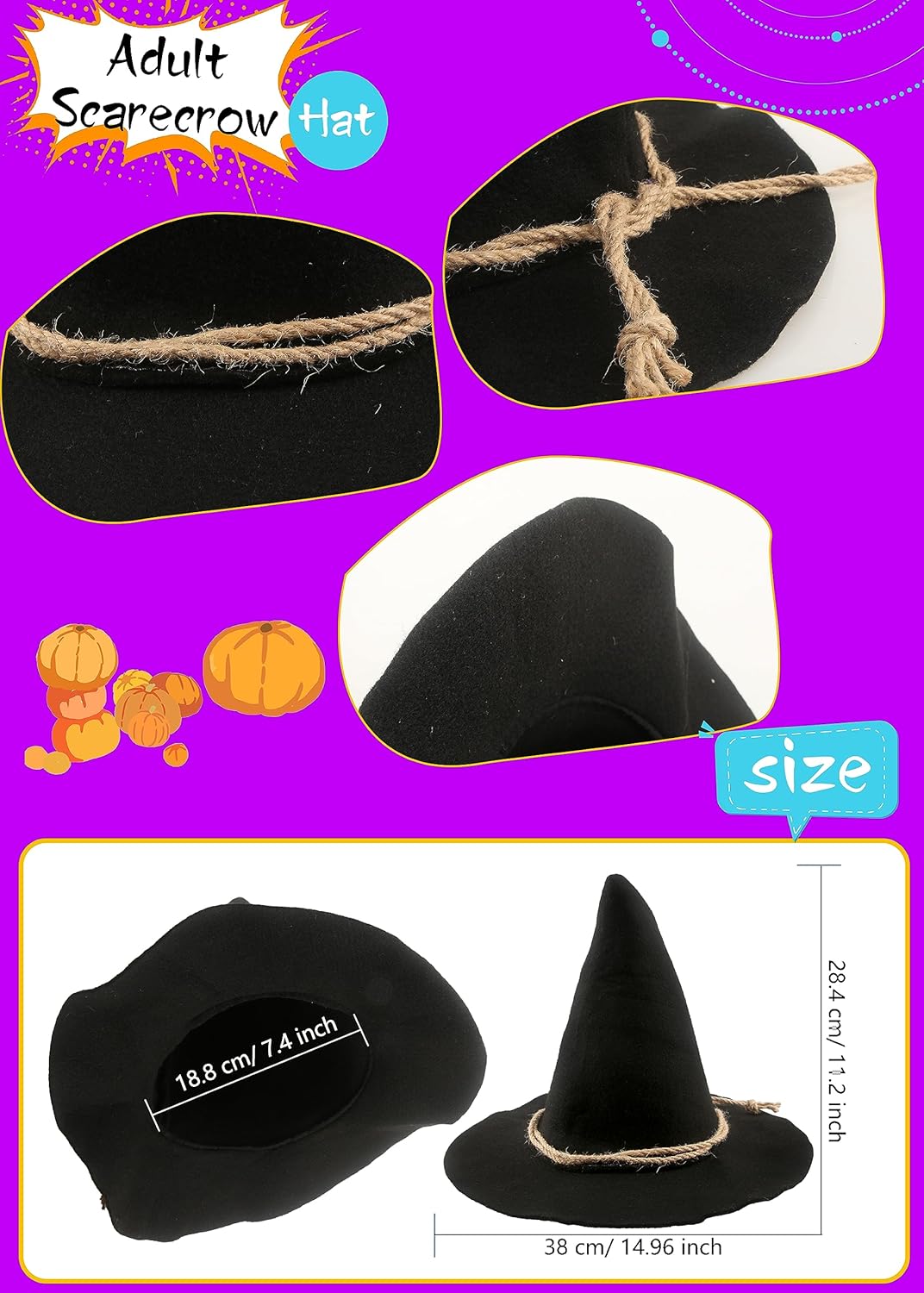 3 Pcs Scarecrow Hats Halloween Witch Hat Felt Wizard Hats Cosplay Accessory for Scarecrow Costume Halloween Party Supplies