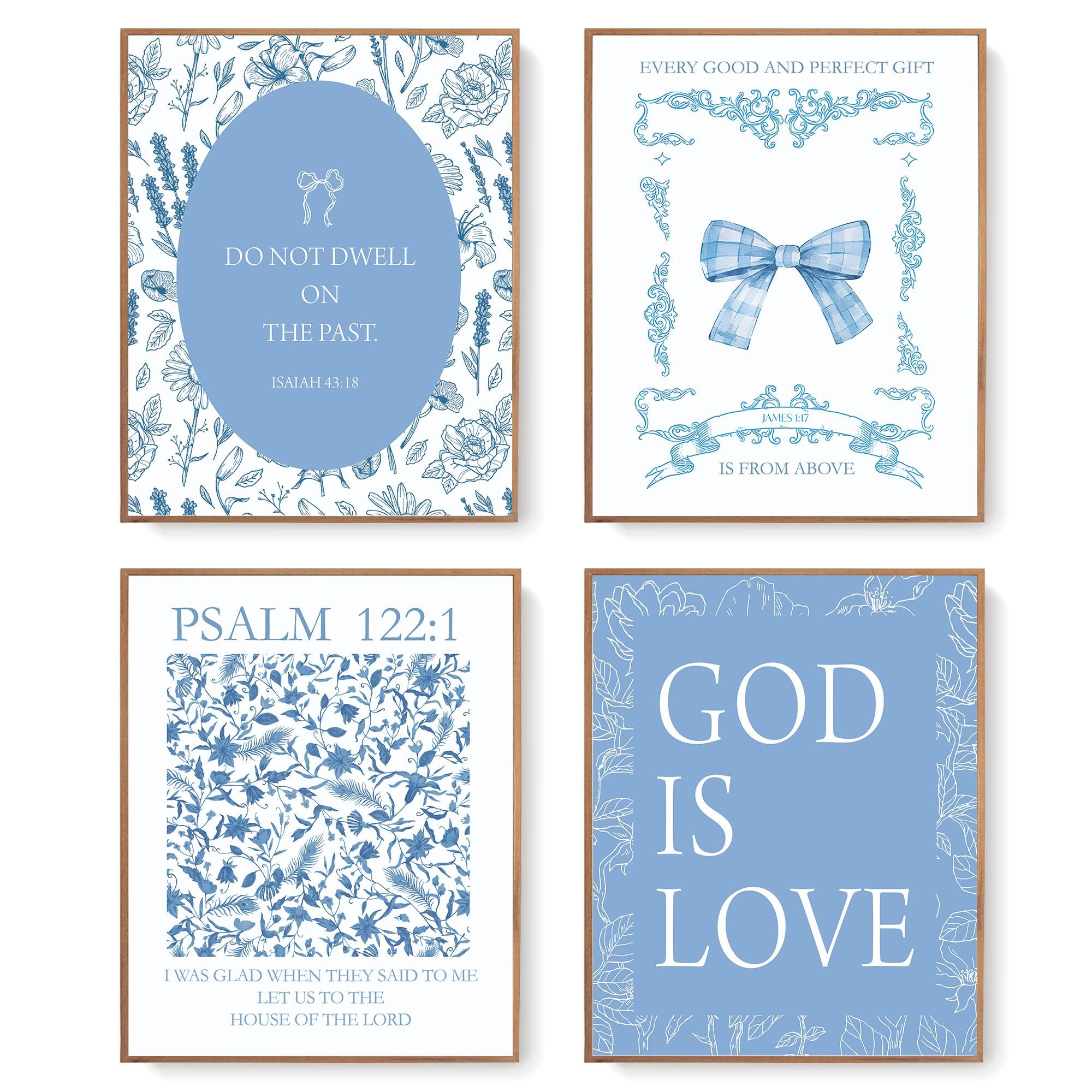 LARTSFRO Blue Bow Christian Wall Art Decor Posters Prints, Floral Scripture Inspirational Bible Verses Wall Decor Christian Gifts for Women, Bow Room Bedroom Bathroom Dorm Wall Art Decor Aesthetic for College Teen Girls Gifts, 10x8 Inch Set of 4 Pcs Bow Pictures (UNFRAMED)