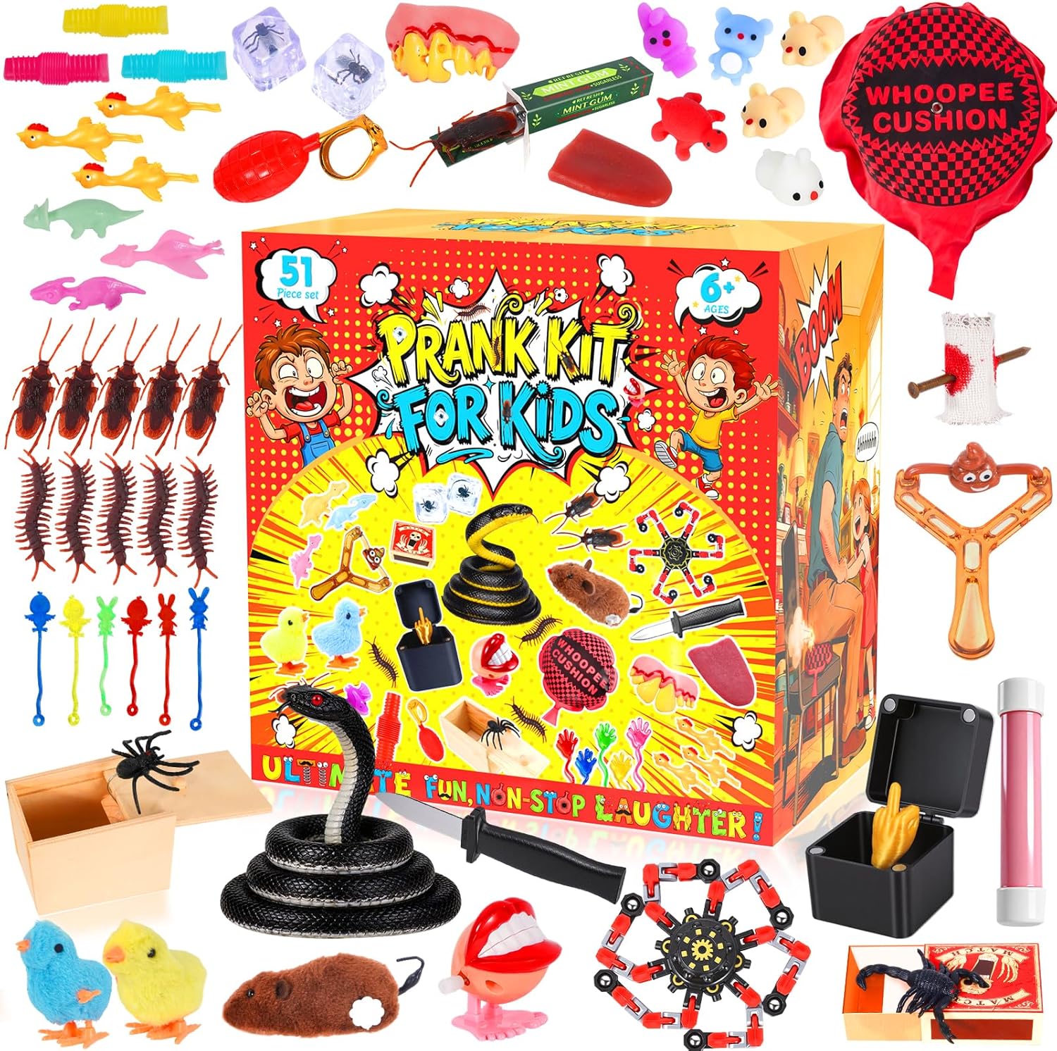 51PCS Prank Kit for Kids - Ultimate Practical Joke Toys Set - Prank Stuff for April Fools Day, Halloween, Christmas - Funny Gag Gifts Pack Box for Kids