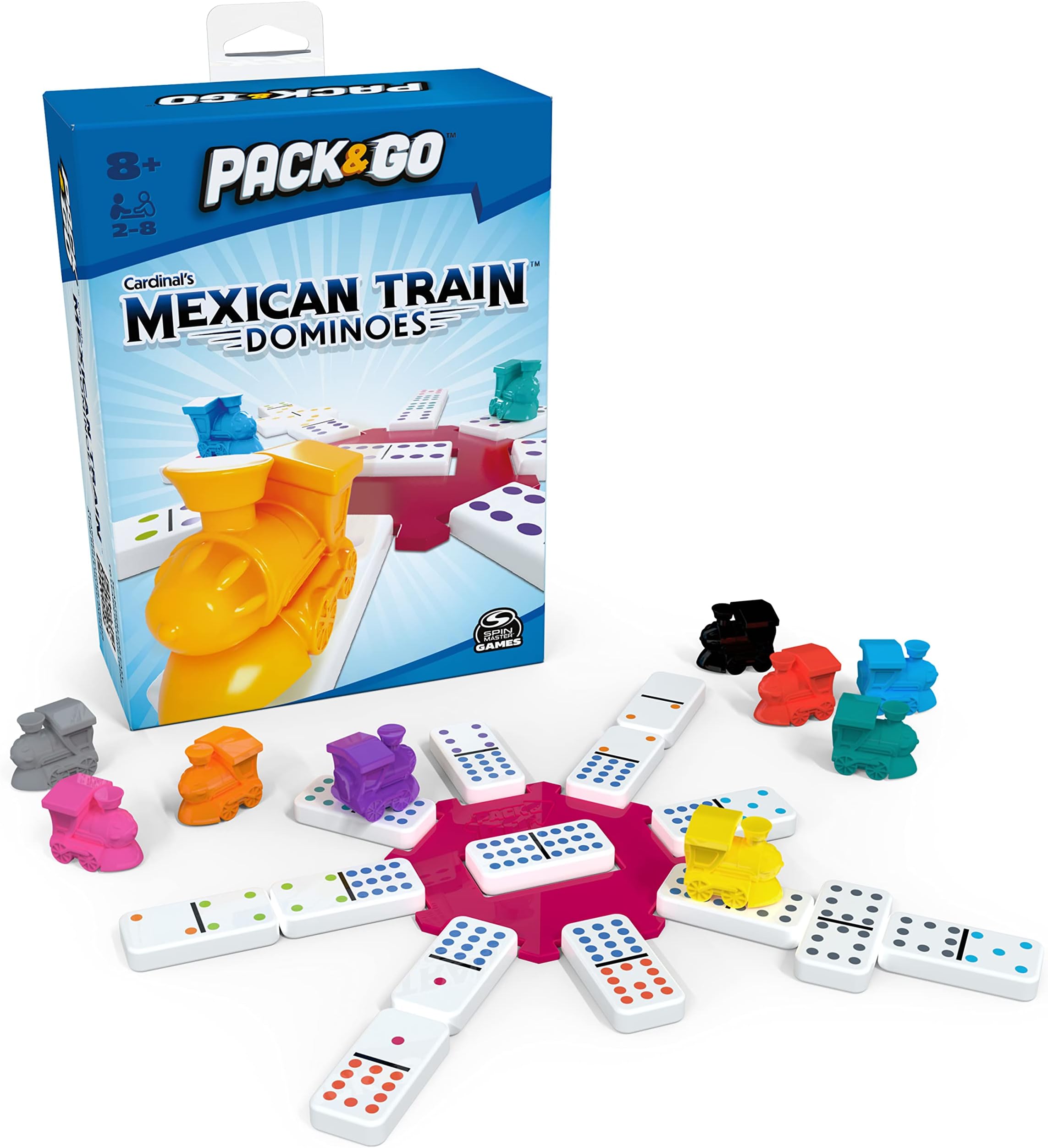 Spin Master Games Pack & Go Mexican Train Dominoes Portable Dominoes Set Kids Classic Board for Adults and Kids Ages 8 and Up