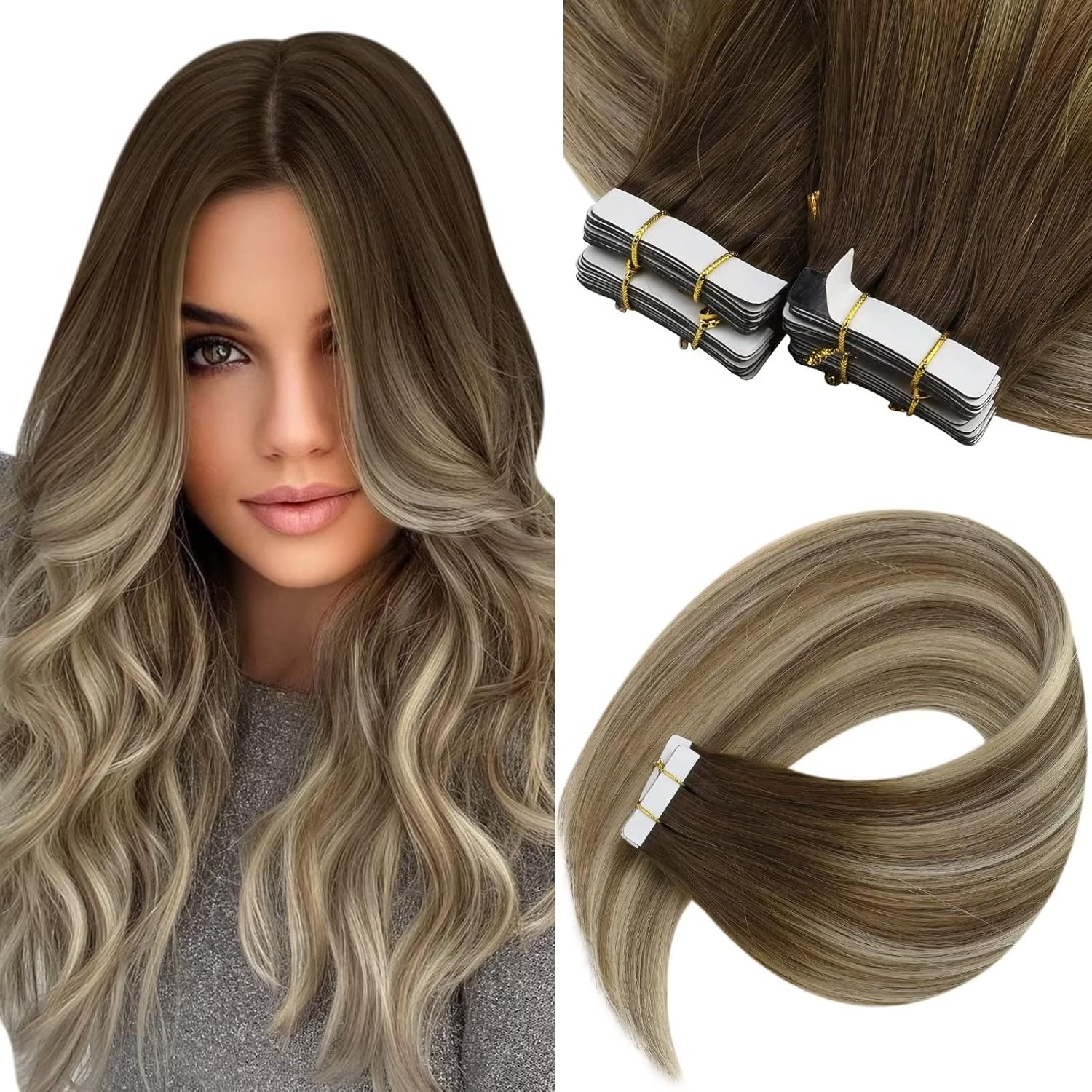 Sunny Tape in Hair Extensions Real Human Hair Balayage Ombre Brown