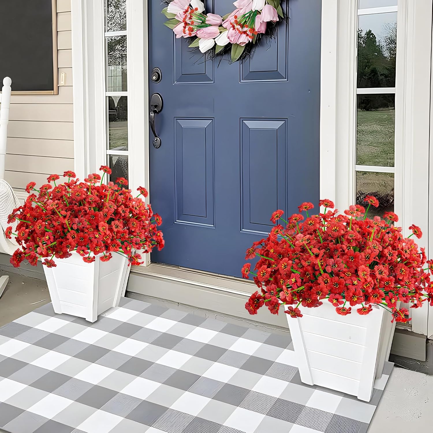 Krissing 48 Bundles Outdoor Artificial Flowers UV Resistant Fake Silk Flowers Faux Plastic Plants Outside Garden Porch Window Box Summer Decoration (Red) - Image 3