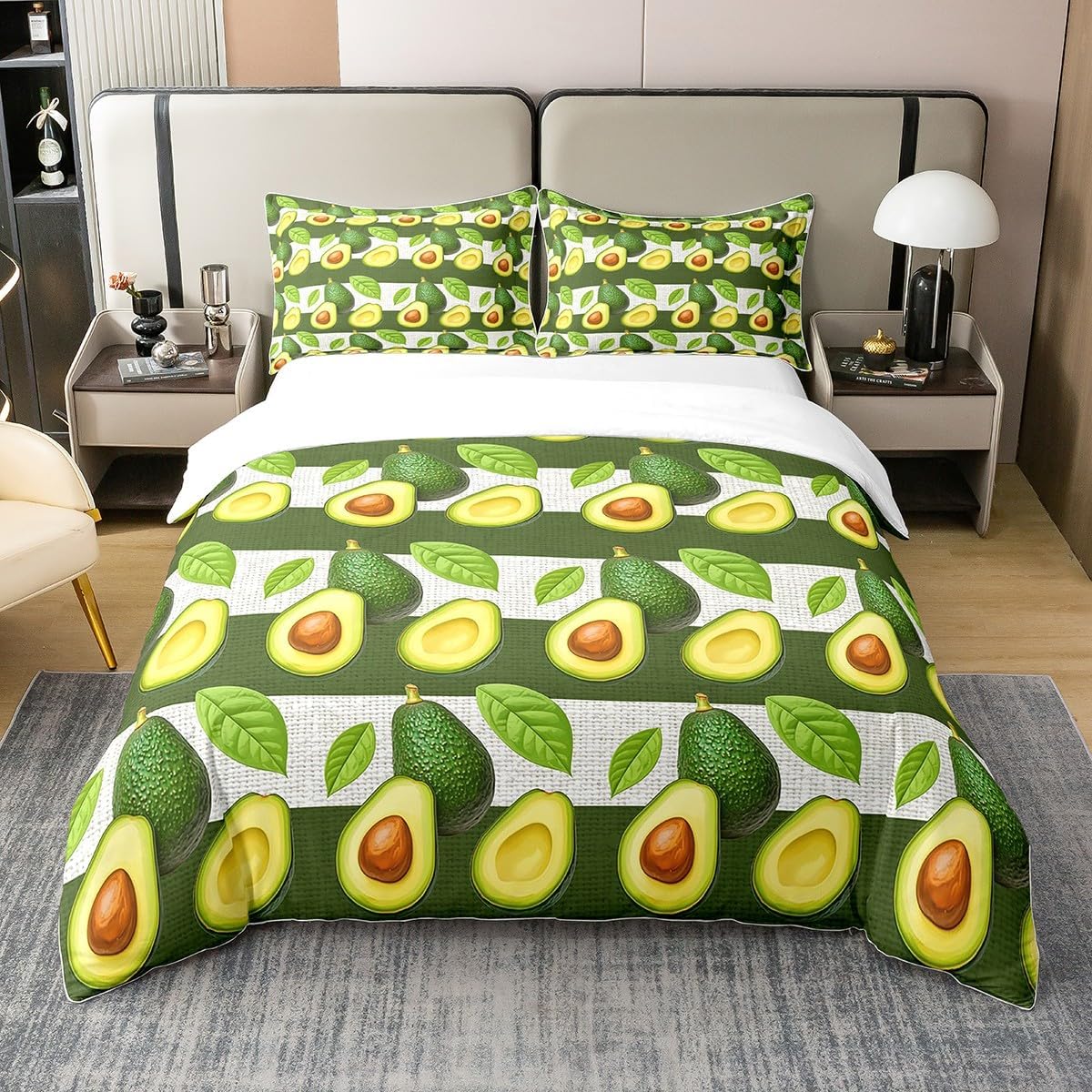 Erosebridal Fruit Theme 100% Natural Cotton Duvet Cover Full, Avocado Striped Comforter Cover, Cartoon Green Avocado Bedding Set，Geometric Rustic Quilt Cover for Kids Adults Teens