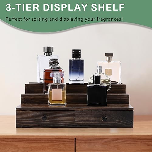 Miniatura 3 de Organizador de colonia para hombres, soporte de colonia de 3 niveles con cajón y compartimento oculto, estante de colonia de madera para soporte de