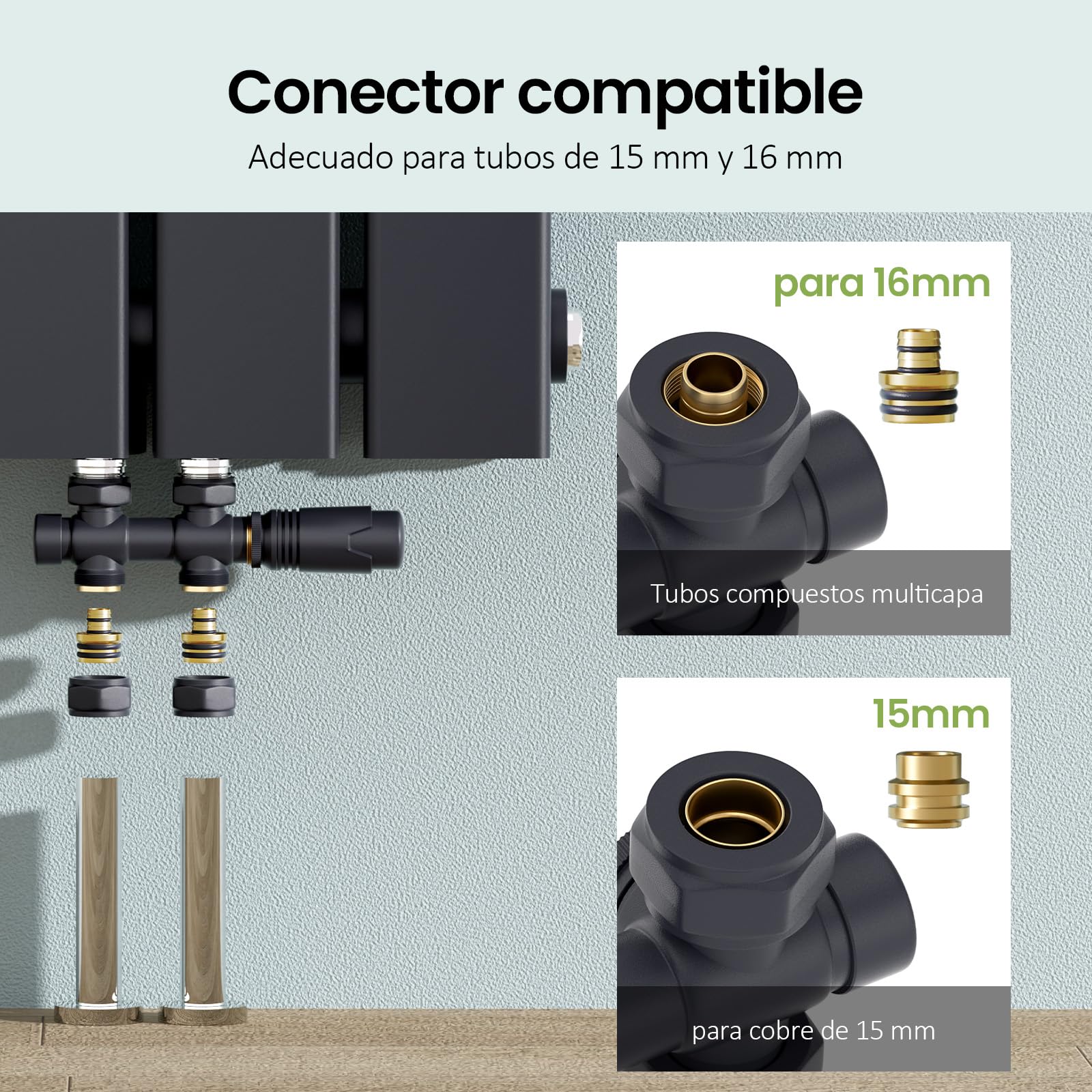 S'AFIELINA Multiblock Radiador con Válvula Termostática, Antracita 2 Pieza | Kit para Radiadores y Toalleros de Baño, Válvula de Cierre, Conexión para Tubo de Cobre 15 mm