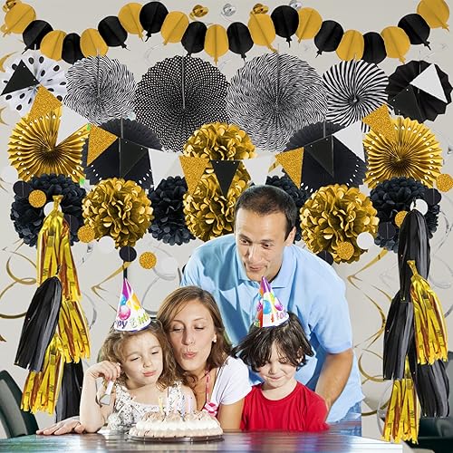 Miniatura 7 de ZERODECO Decoraciones de fiesta, 41 unidades, abanicos de Papar negros y dorados, guirnaldas, guirnaldas de papel de seda para graduación
