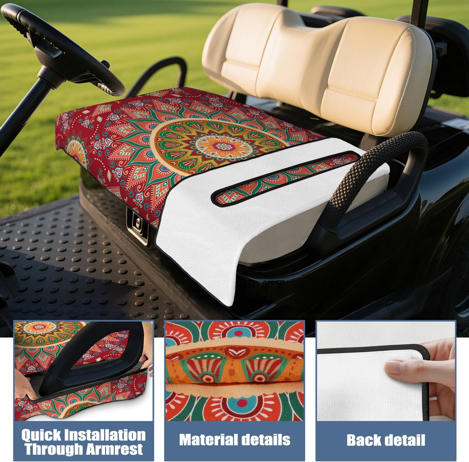 Boho Golf Cart Seat Covers, Bohemia Golf Cart Seat Towel Blanket for 2-Seat Golf Carts, Breathable Golf Cart Seat Cushions Golf Club Car Accessories 51'' x 31''