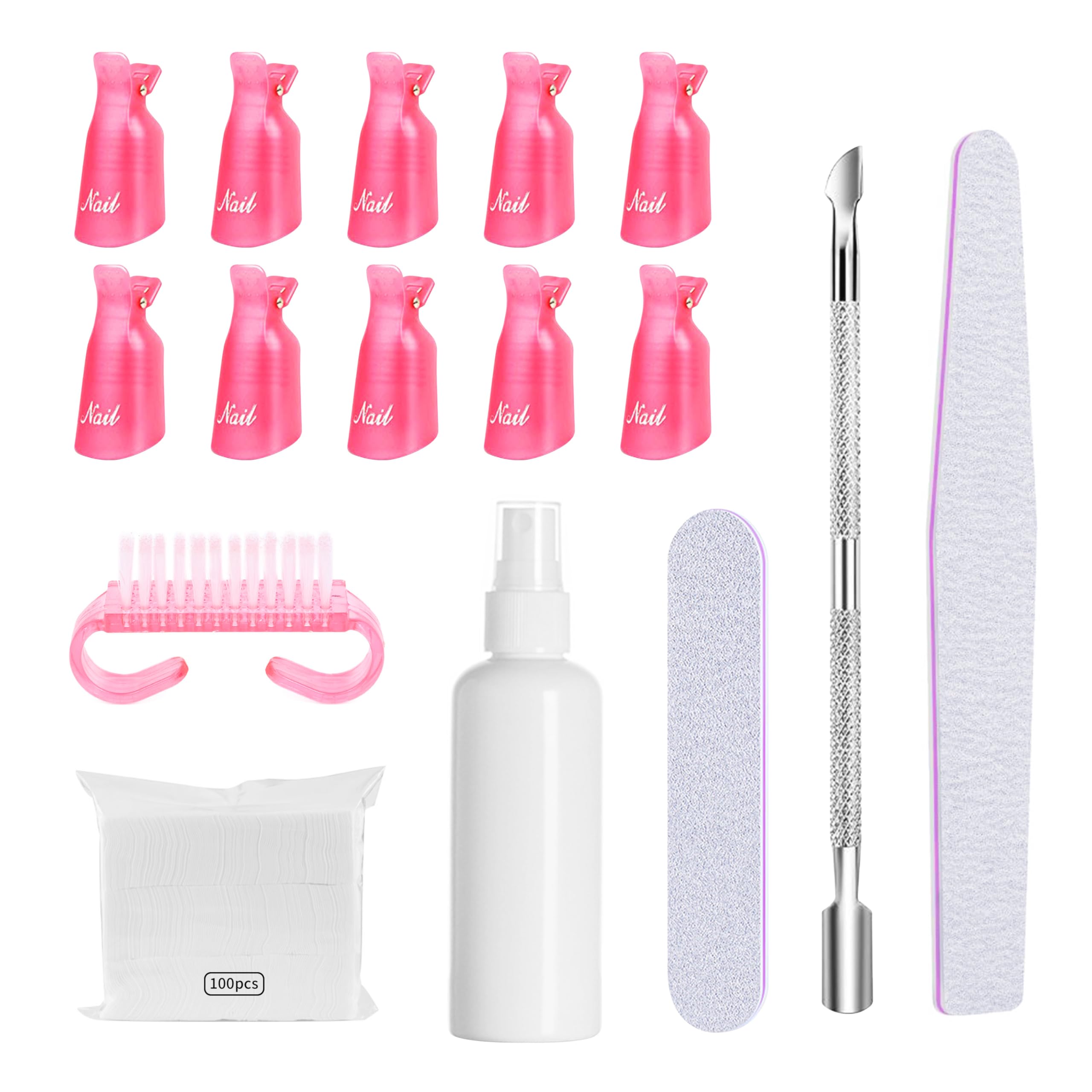 Nail Polish Gel Remover Tools Kit Nail Remover Kit with Spray Bottle Brush,100pcs Cotton Pads Diamond-shaped Nail File Cuticle Nail Brush Pusher Clip Manicure Tools for Effortless Nail Removal DIY