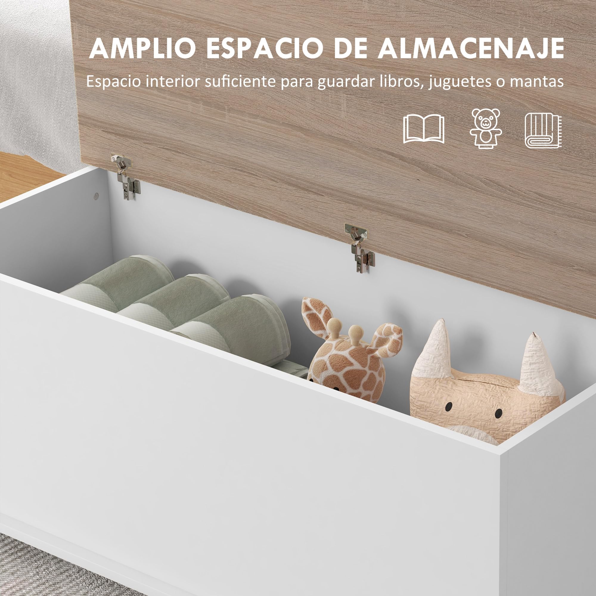 HOMCOM Baúl de Almacenaje, Banco de Almacenaje con Bisagra de Seguridad, Estilo Moderno, para Pasillo, Dormitorio, Salón, 100x40x40 cm, Roble y Blanco