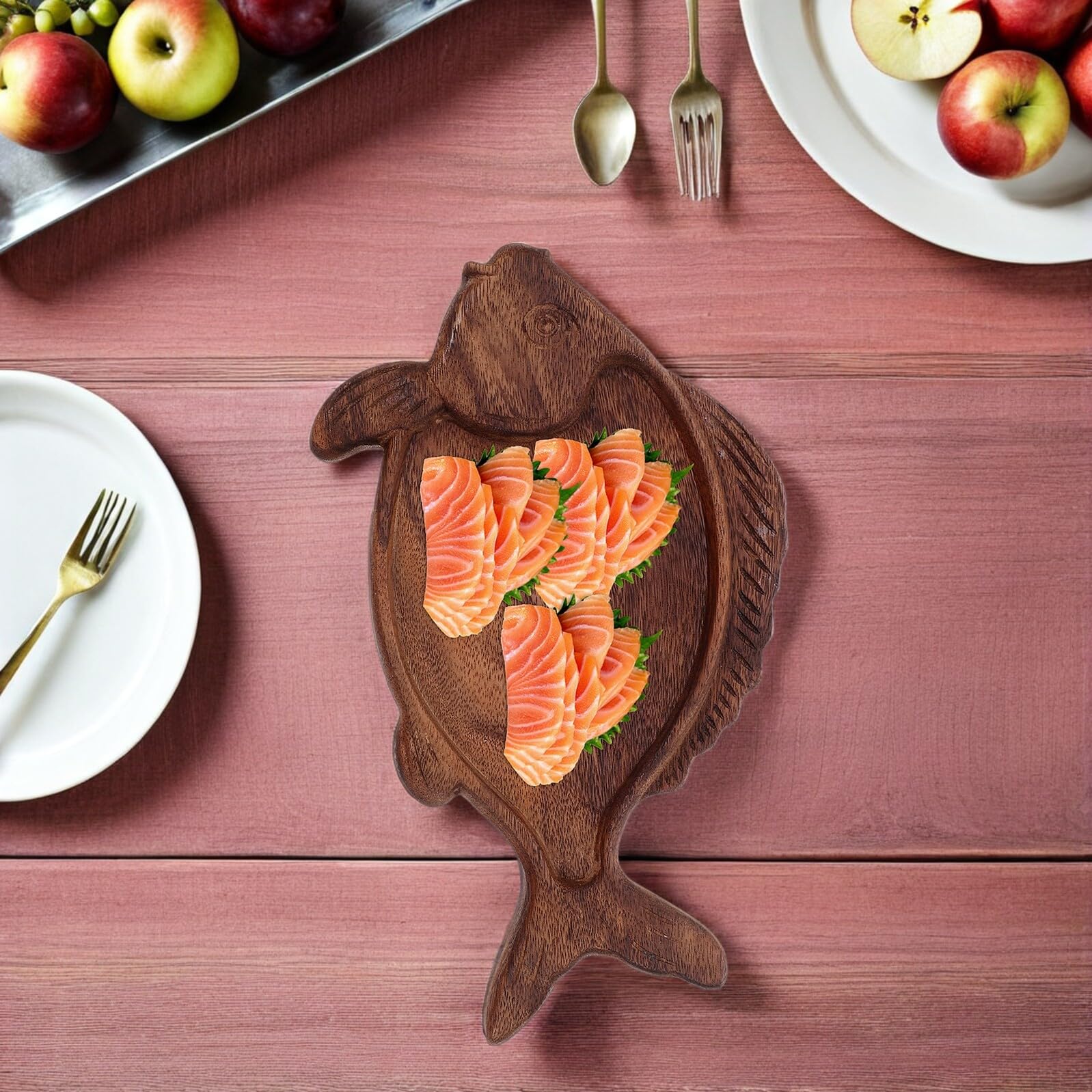 Mikikit Vassoio Per Alimenti Forma Di Pesce in Legno Di Noce Vassoio Per Antipasti Per Sushi Giapponese Verdure Salumi Formaggi Dessert e Frutta Secca
