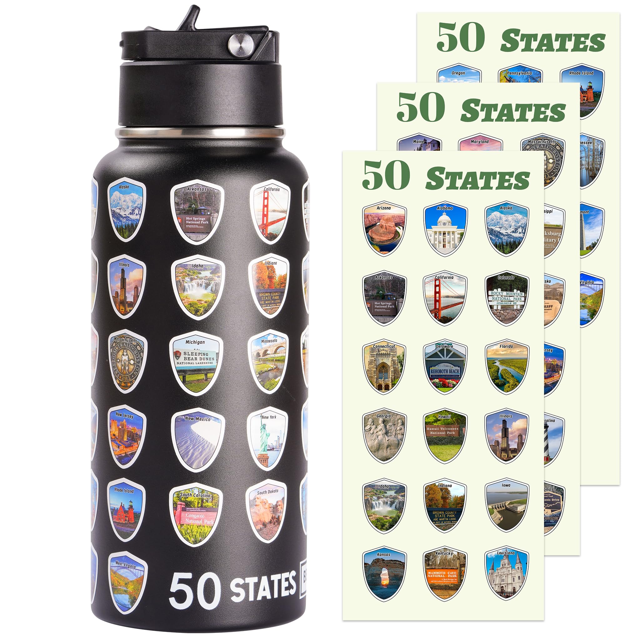 Beautsque 50 States Water Bottle with Stickers, National Parks Water Bottle, Stainless Steel Insulated Bottles with Straw,3D Printed,32 oz,Double