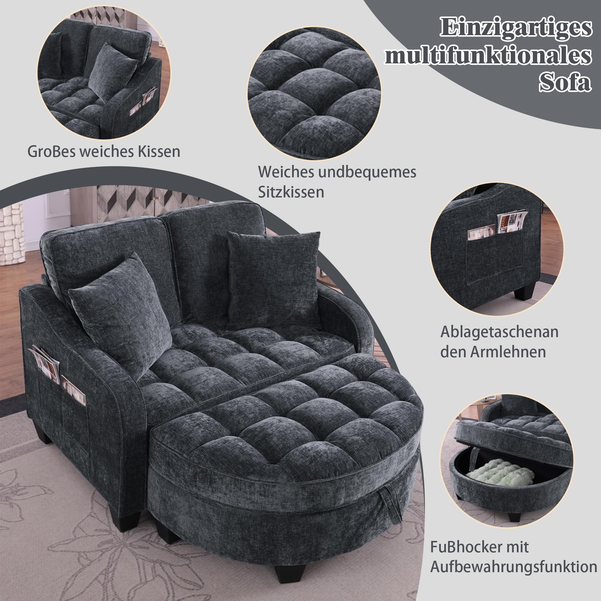 Modulares Schlafsofa aus weichem Chenillestoff, Sofa mit Schlaffunktion, Aufbewahrungs-Hocker, Schlafsofa mit Verstellbarer Rückenlehne und Kissen, für kleine Wohnzimmer, Studienzimmer, Schlafzimmer
