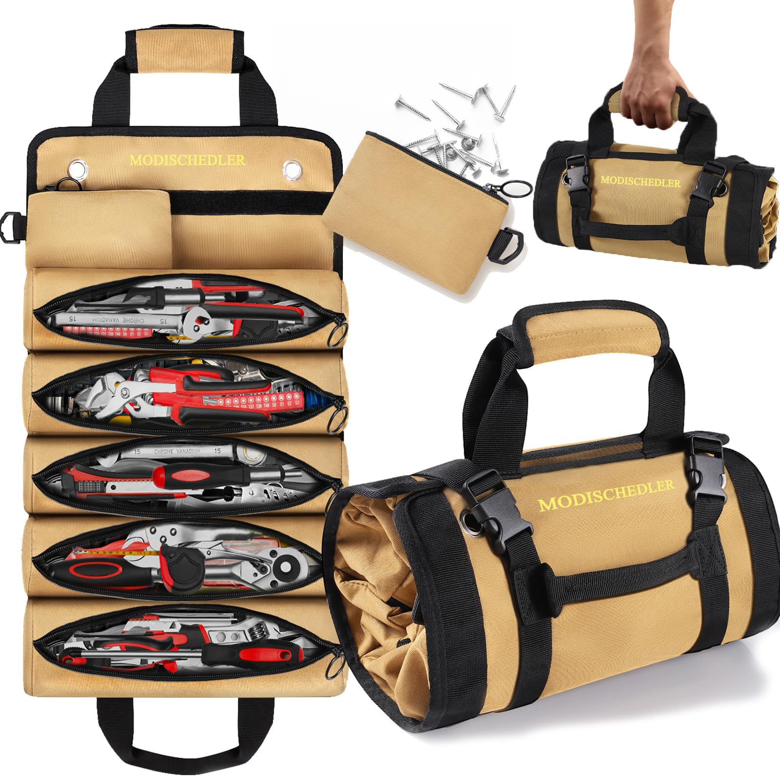 MODISCHEDLER Tool Roll Bag, Expanded 5 Compartments and 2 Removable Tool Bags, Portable Tool Bag for Electricians and Mechanics, Compact Small