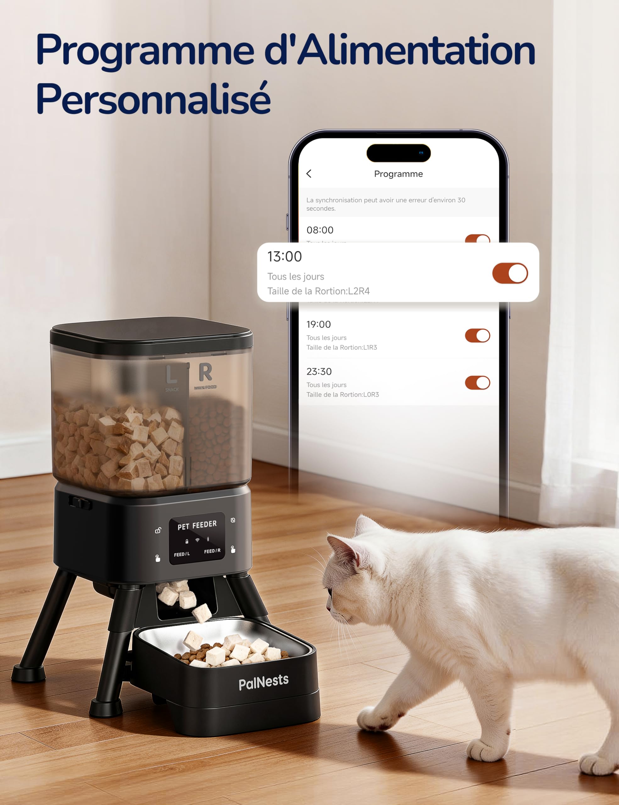 Distributeur de Croquettes pour Chat Automatique PalNests, Distributeur à Double Trémie 4L, Nourriture Connectée 5G/2.4G avec Programme Personnalisé, Bol en Acier Inoxydable