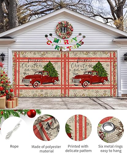 Miniatura 2 de Cartel decorativo para puerta de garaje con 6 anillos de metal, diseño vintage de árbol de Navidad, árbol de Navidad, copo de nieve, texturizado, 7