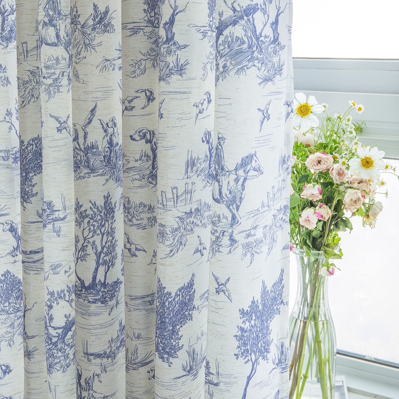 GLORY SEASON Rustic Curtains 2 Panels Classic French Country Village Toile Blue Printed Linen Fabric Farmhouse Decoration Light Filtering Curtain for Living Room and Bedroom
