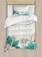 Vista 281 de Ambesonne Juego de funda de edredón color menta, líneas onduladas horizontales a rayas blancas abstractas de tonos suaves, exhibición de arte