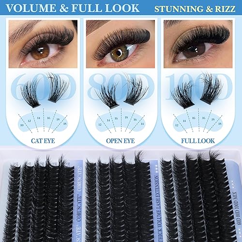 Long Lash Clusters 220D Eyelash Clusters 14-20mm Individual Lashes Thick Cluster Eyelash Extensions Volume Cluster Lashes Full Look Strip Lashes Clusters Mink DIY Lash Extension(Lash Extension Kit Fluffy 60D80D100D)