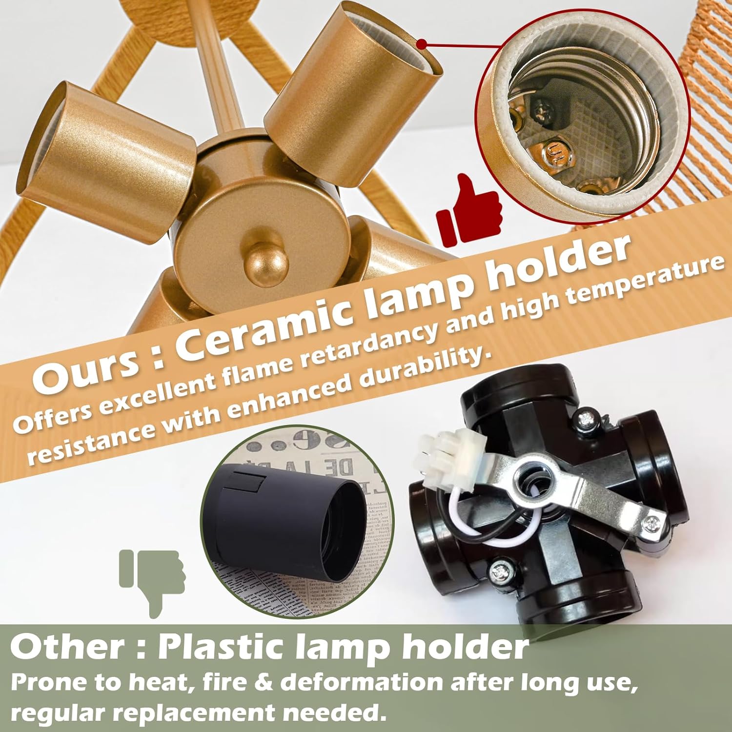 24” Rattan Chandelier, 5-Light Large Hand Woven Boho Chandelier with Fabric Shade, Farmhouse Light Fixtures for Dining Room & Kitchen Island (Brown, 24")