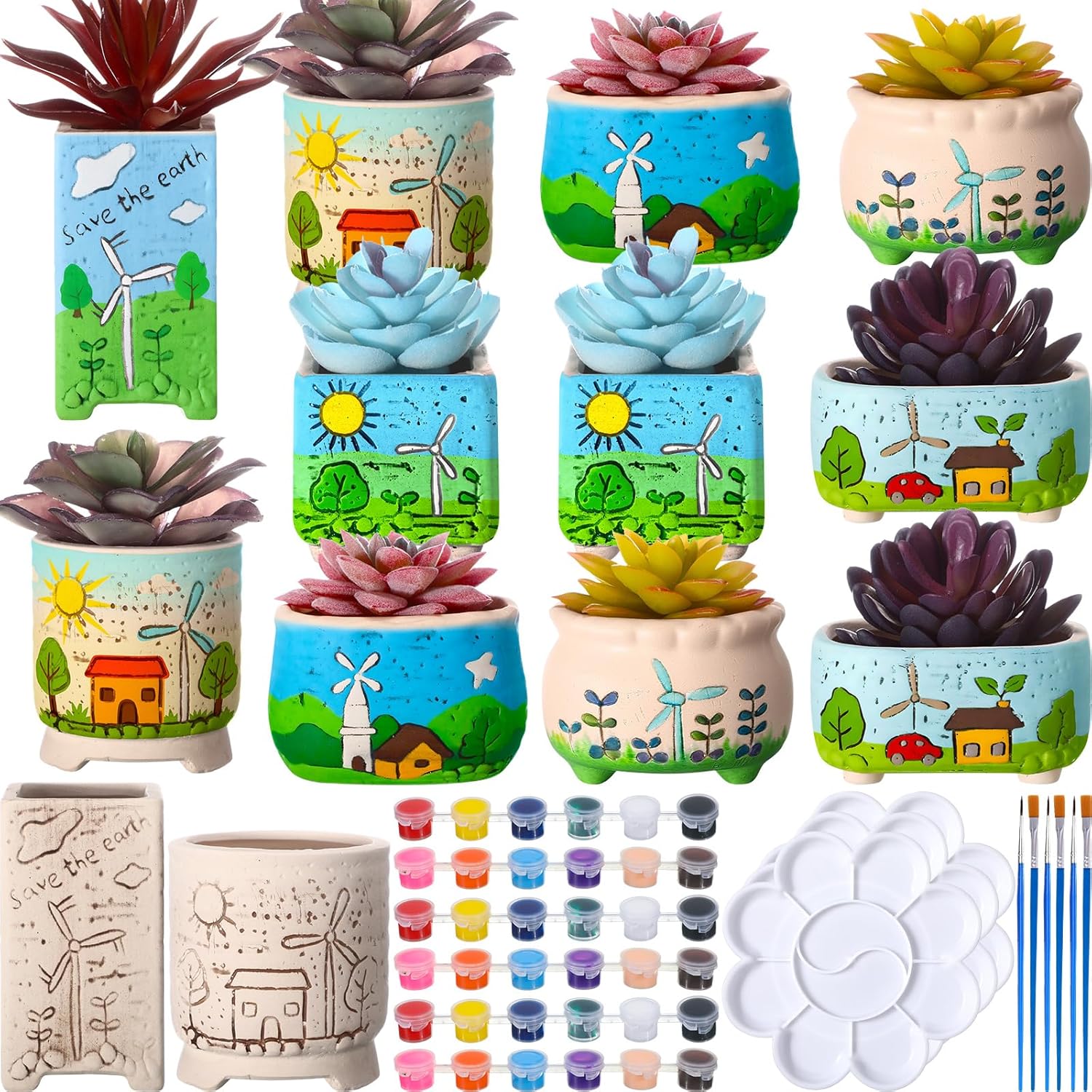 Hushee 12 Pcs Ceramic Succulent Planters White Ceramic Pots Paintable Succulent Plant Planters Containers Small DIY Figurines Unpainted Pots with Drainage Hole Paintbrushes Palettes(Windmill)