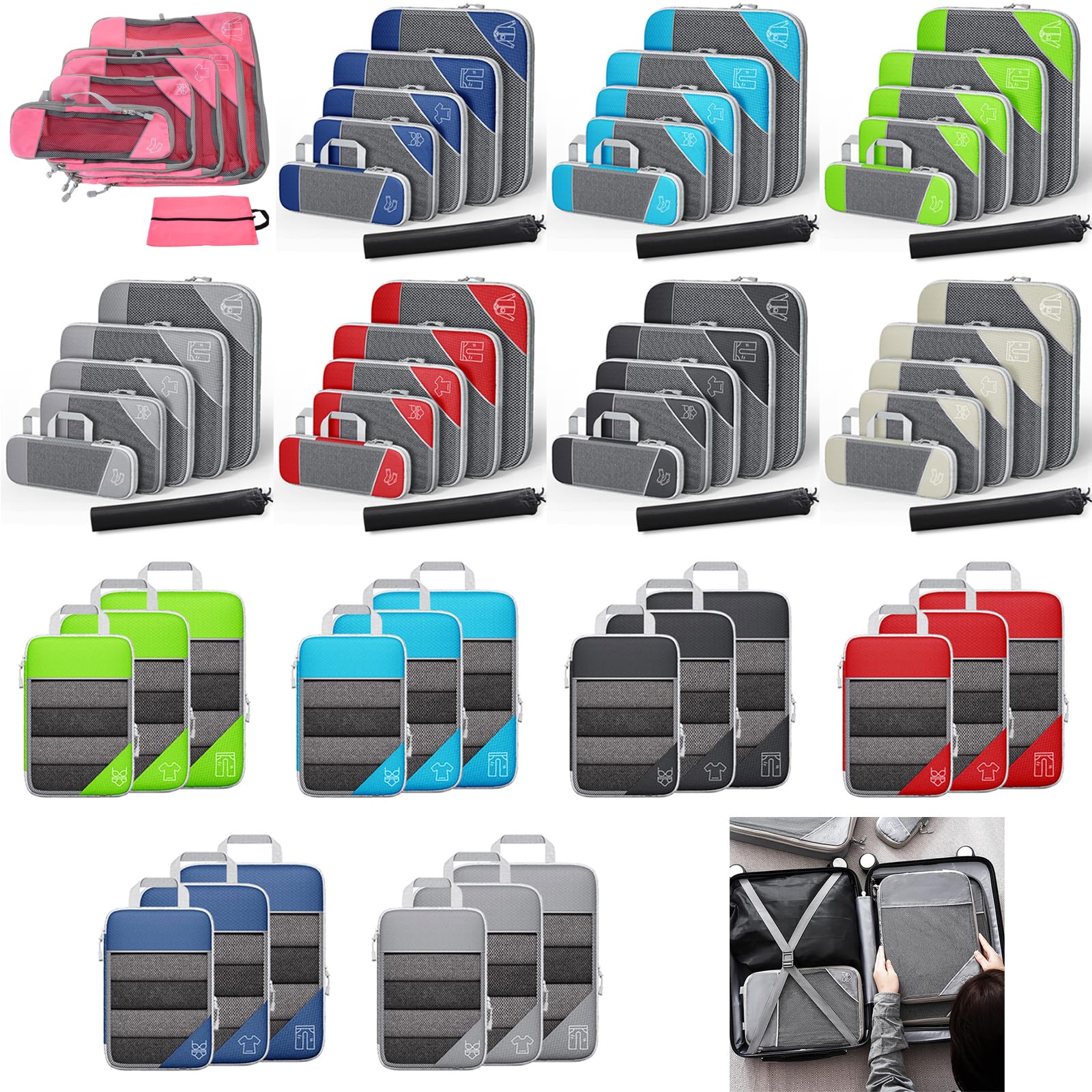 3/6PCS Compressed Packing Cubes Travel Storage Set With Shoe Bag Mesh Visual Luggage Portable Lightweight