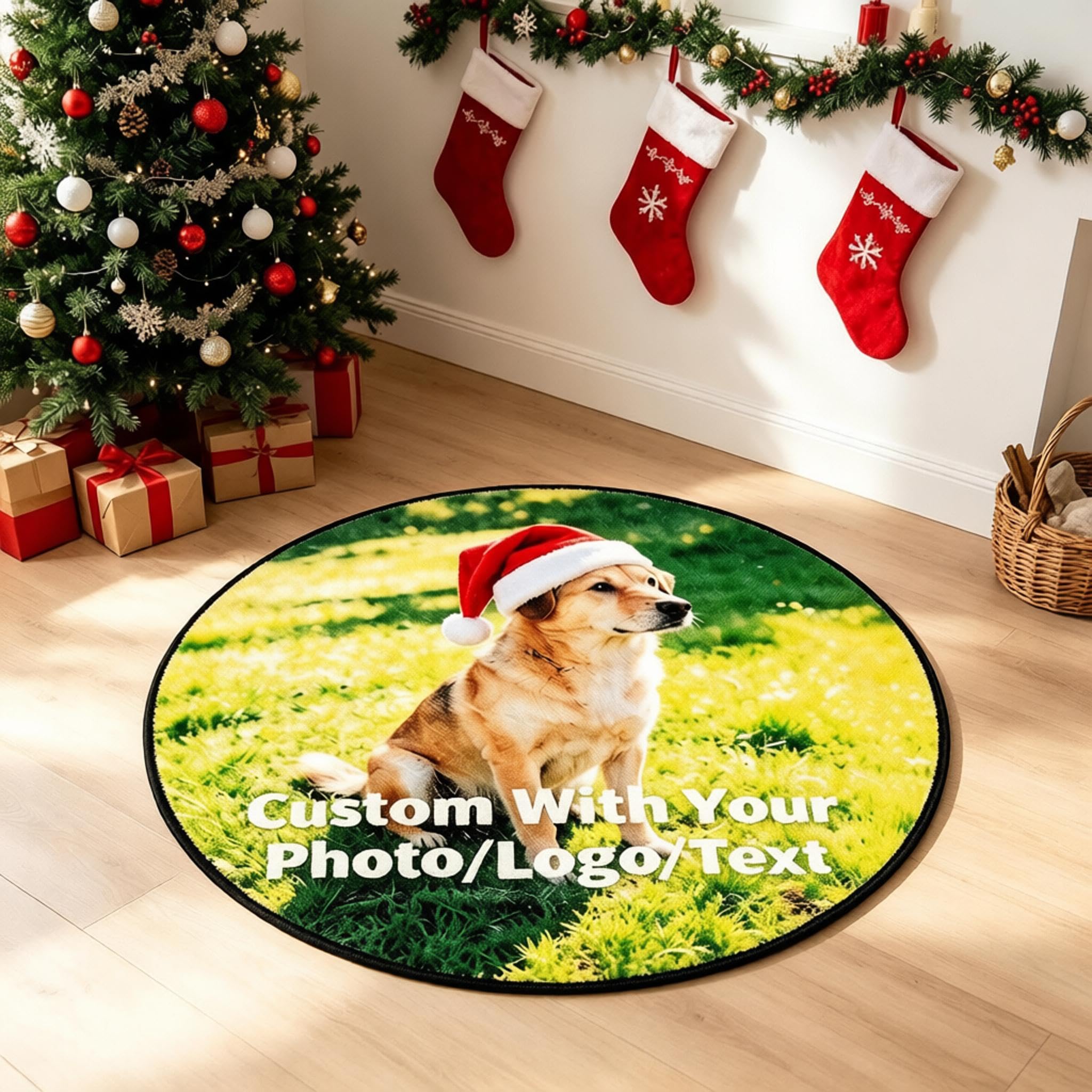 Tinyboy-hbq Personalised Door Mat with Photo Text for Dog Cat Family Welcome Mat Indoor Outdoor Entrance Non-slip Washable Christmas Housewarming Gift 100cm Round