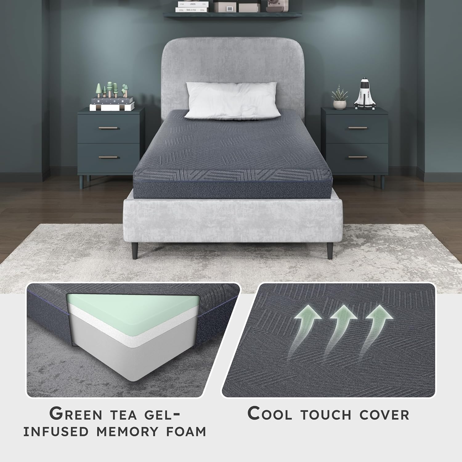 Lexicon 11 Inch Green Tea Cooling Gel Memory Foam Mattress, Firm Support, Charcoal Infused Mattress-in-A-Box, Certified Safe Sleep, Pressure Relief, Moisture Wicking, Twin Size Bed