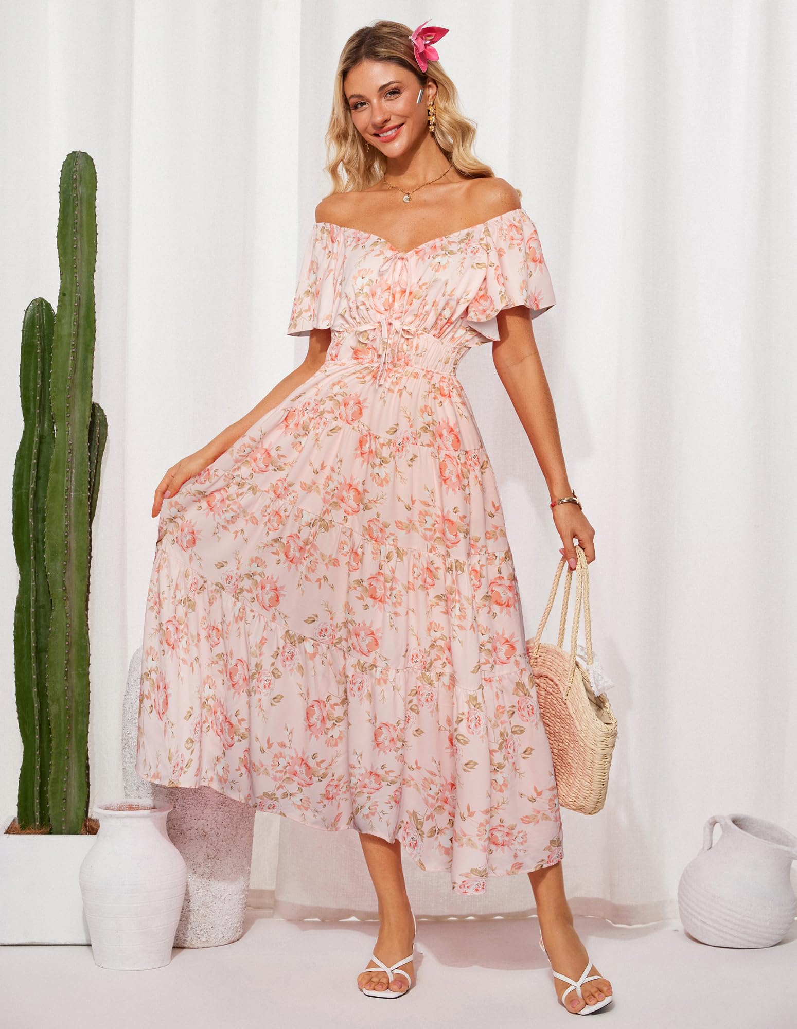 GRACE KARIN Damen Elegant Blumenkleid Rüschenärmel V-Ausschnitt Maxikleid | Maxilang,Elastischer Bund,Offene Seitentaschen,Party,Urlaub,Hochzeit