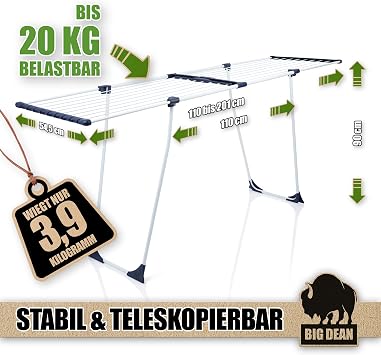 BigDean Clothes Airer 200 Telescopic Extendable 20 m Drying Surface XXL White Extra Stable