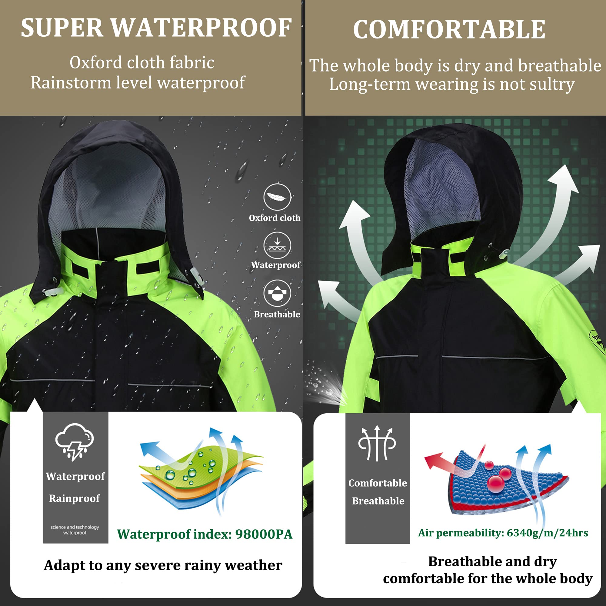 Herren Motorrad-Regenanzug, Wasserdichtes Regenbekleidungs-Set (Jacke und Hose) mit Warnreflektor für Motorrad-Radfahren Angeln
