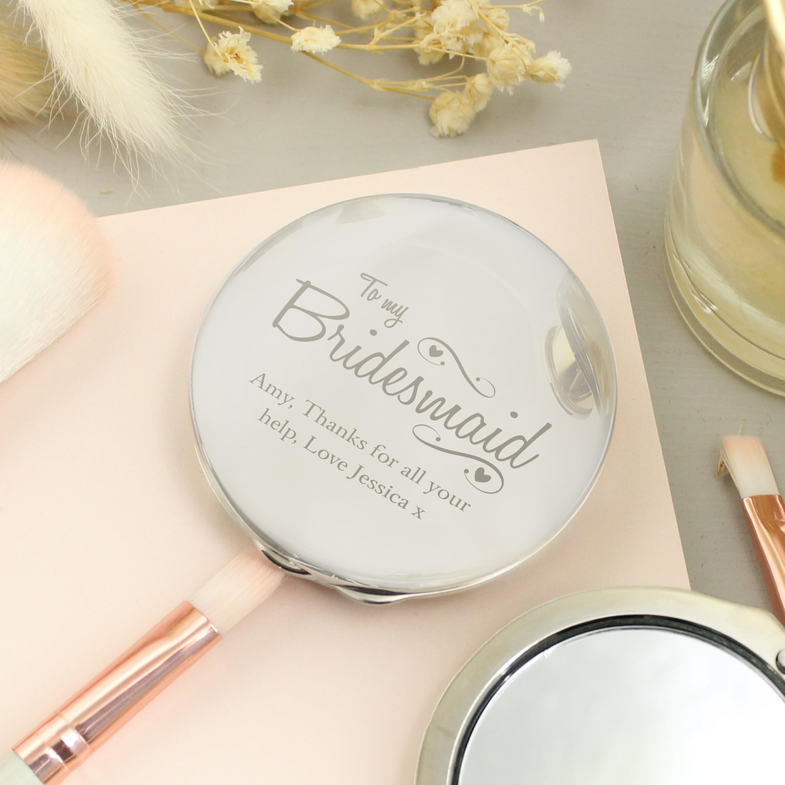 Personalised Bridesmaid Compact Mirror - Swirls and Hearts Design - Silver - Nickel Plated