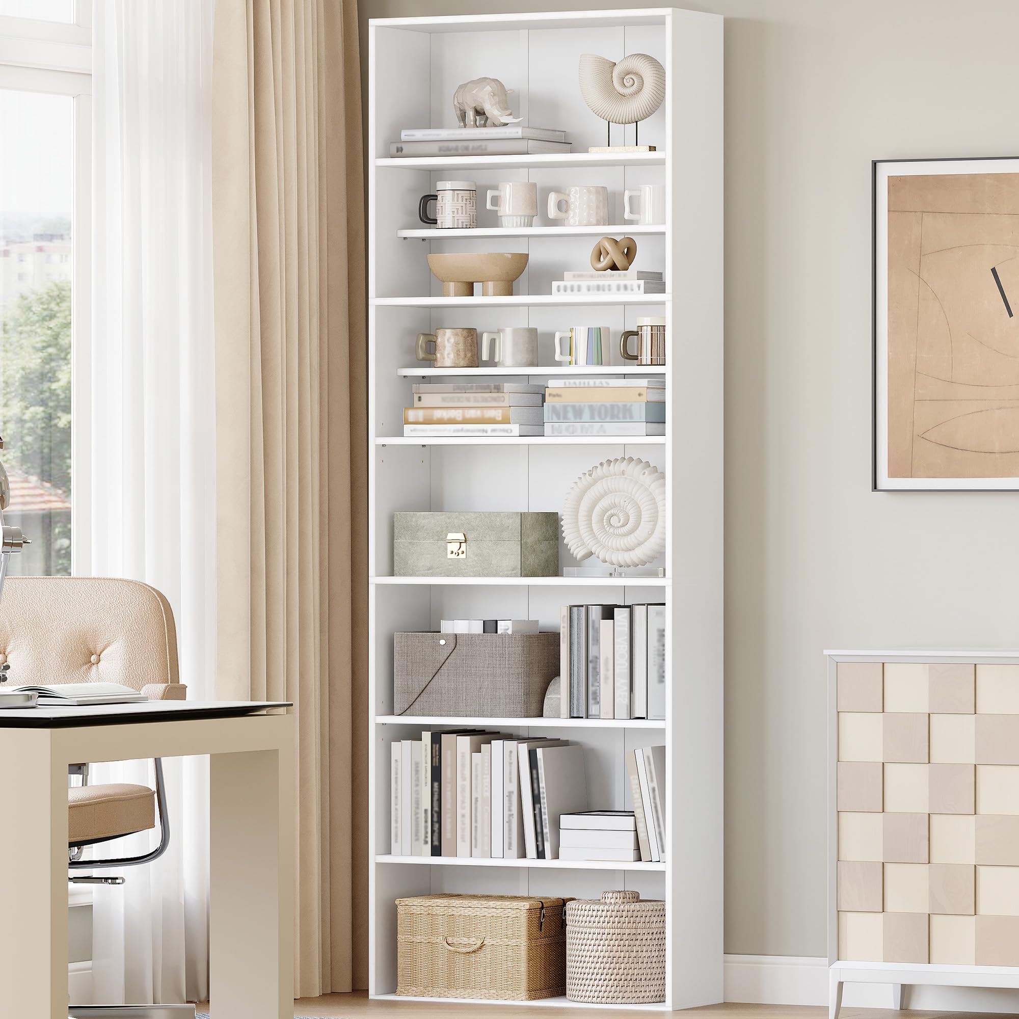 HEXCELEN Bibliothèque, Étagère de Rangement, Étagère à 7 Niveaux, Meuble de Rangement, pour Salon, Bureau, Chambre, Blanc, 24 x 60 x 205 cm