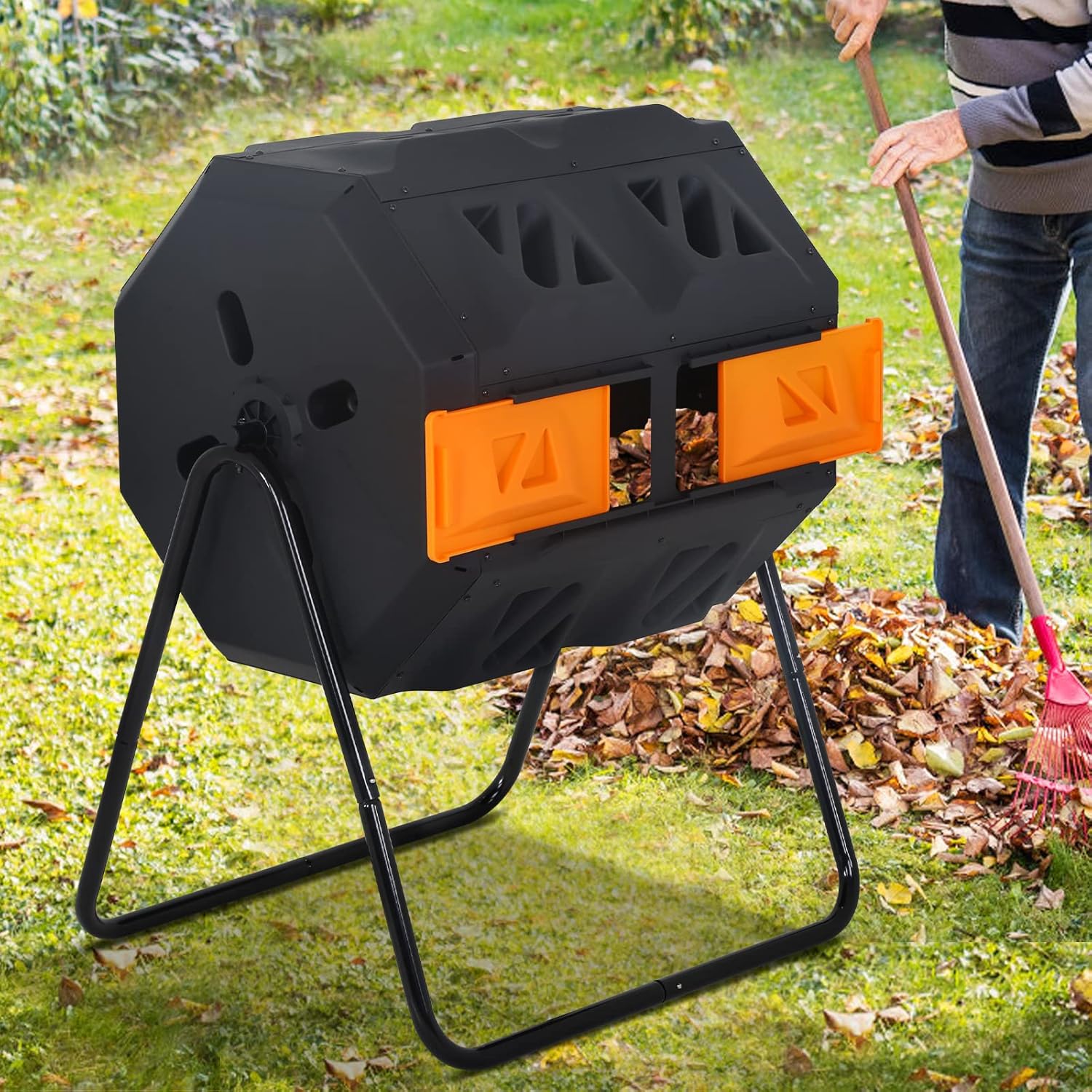 43 Gallon Outdoor Compost Bin Large Tumbling Composter Garden Dual Composting Bins with Dual Chamber Sliding Doors & Aeration System for Garden Patio, All Season Composter, Orange Door