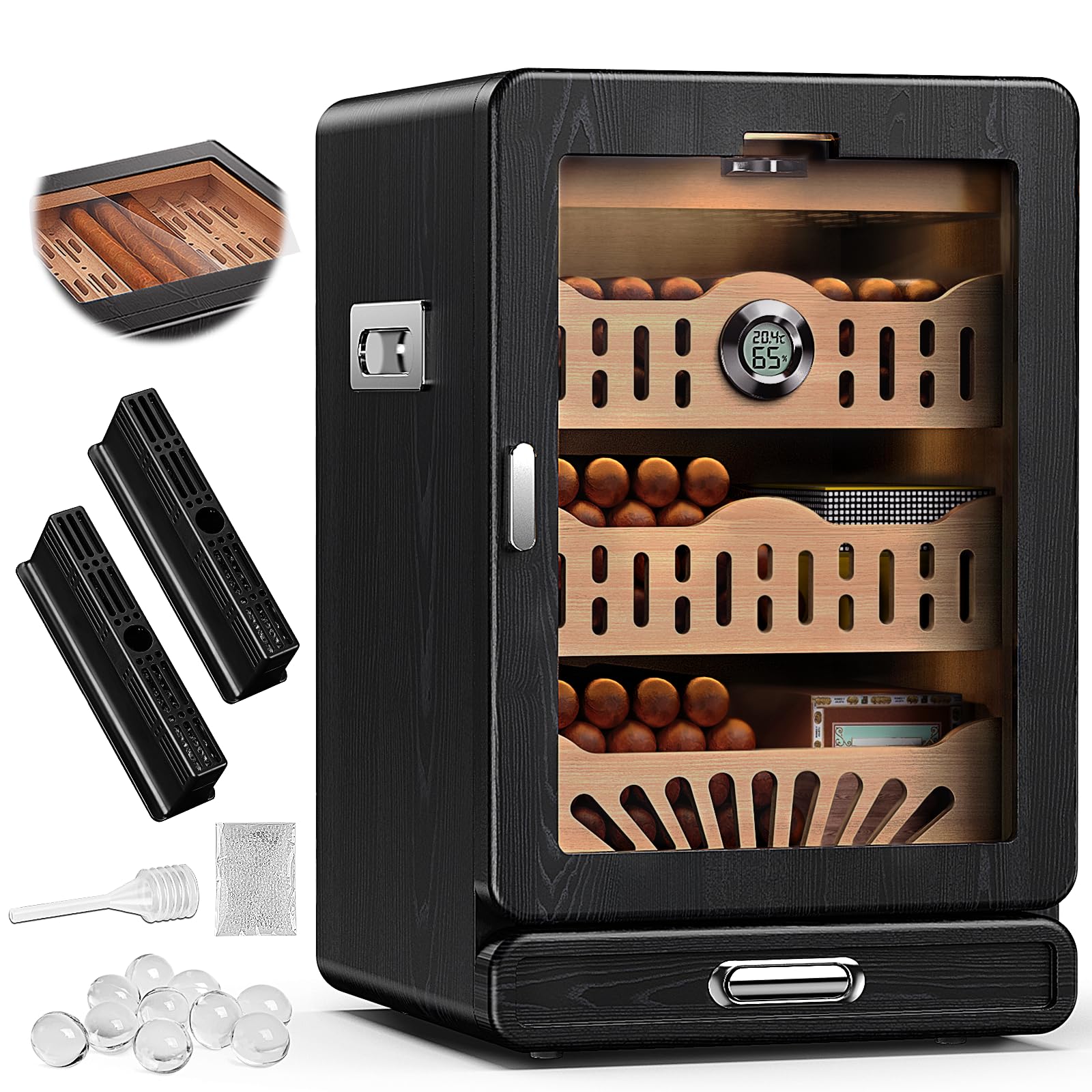 KEJIAR Cigar Humidor, Glass top Tabletop Cigar Humidor Cabinet Draw Pattern Spanish Cedar Tray, Accessories Drawer, 2 Standing Gel Humidifiers，1 Digital Hygrometer, for Men（Black）