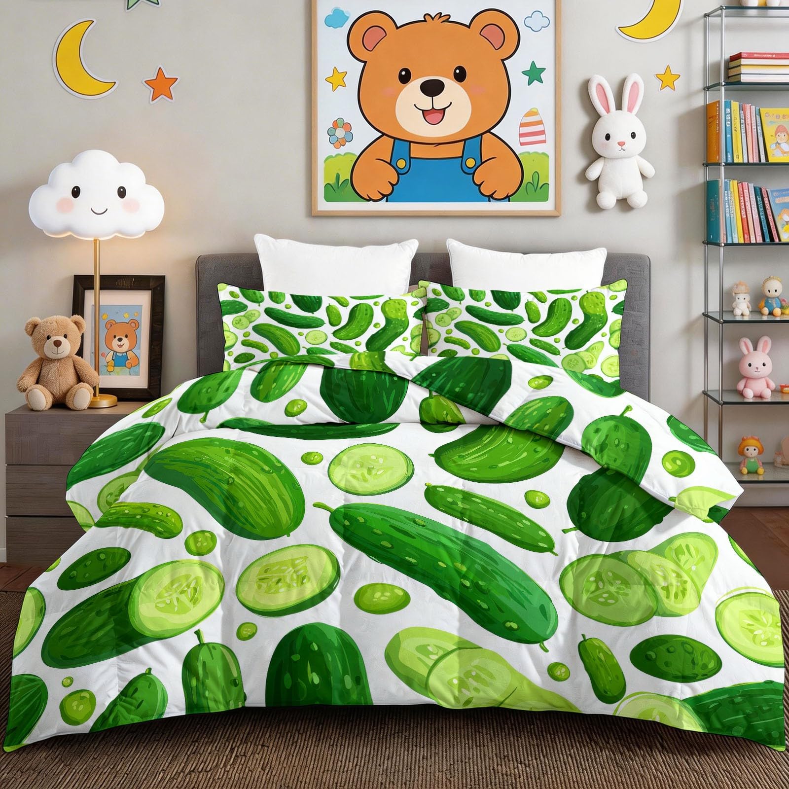 Générique Piumino lavabile per bambini, 200 x 200 cm, bianco cartone animato, verdura, cetriolo 4 stagioni, per letto matrimoniale, piumino reversibile leggero, senza coperte e 2 federe 65 x 65 cm