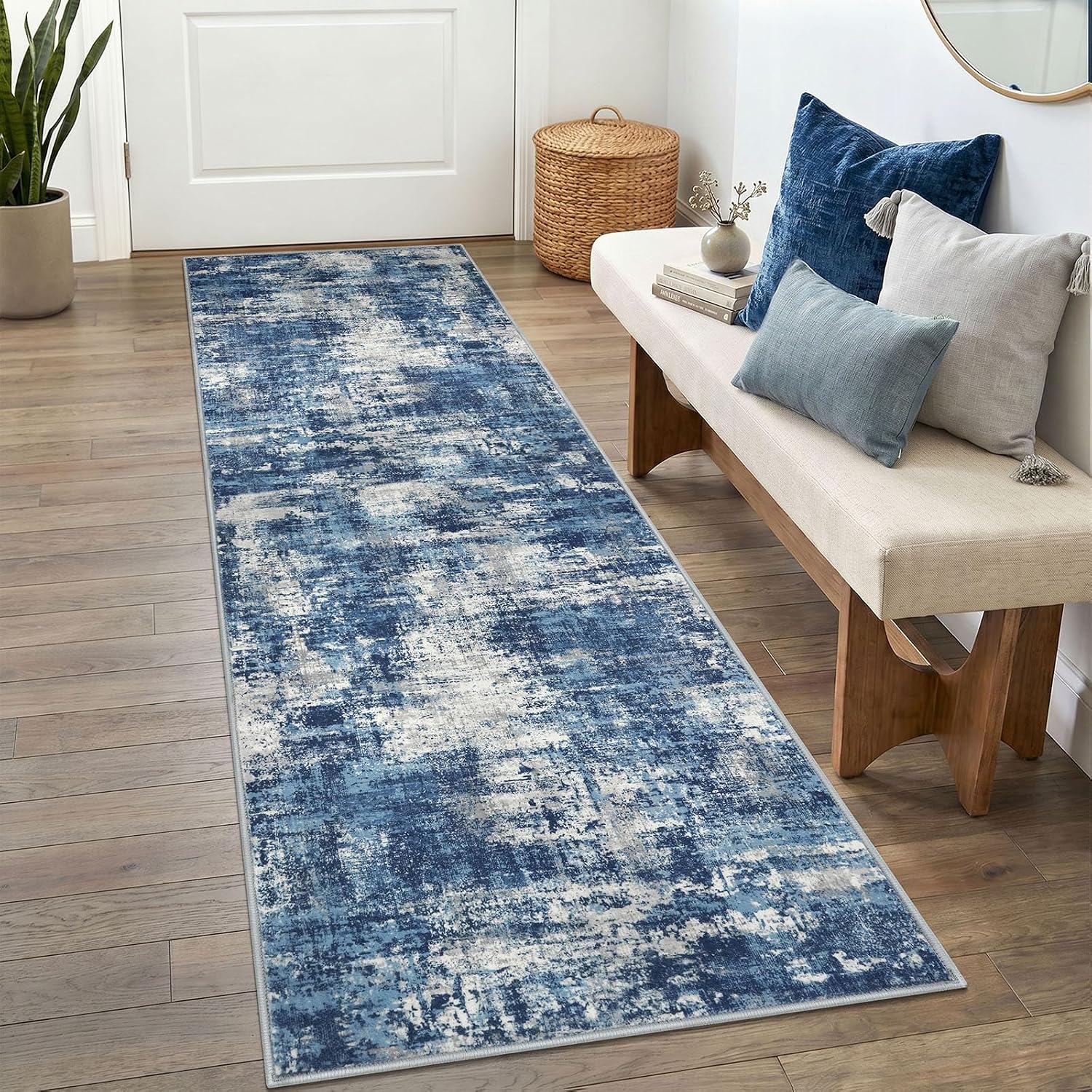 Lansny Abstract 2x6 Runner Rug, Washable Runners for Hallways, Rubber Backed Non-Slip Kitchen Runner Rug, Printed Faux Wool Entryway Runners Indoor, Thin Floor Carpet for Bedroom Hall Entry, Blue