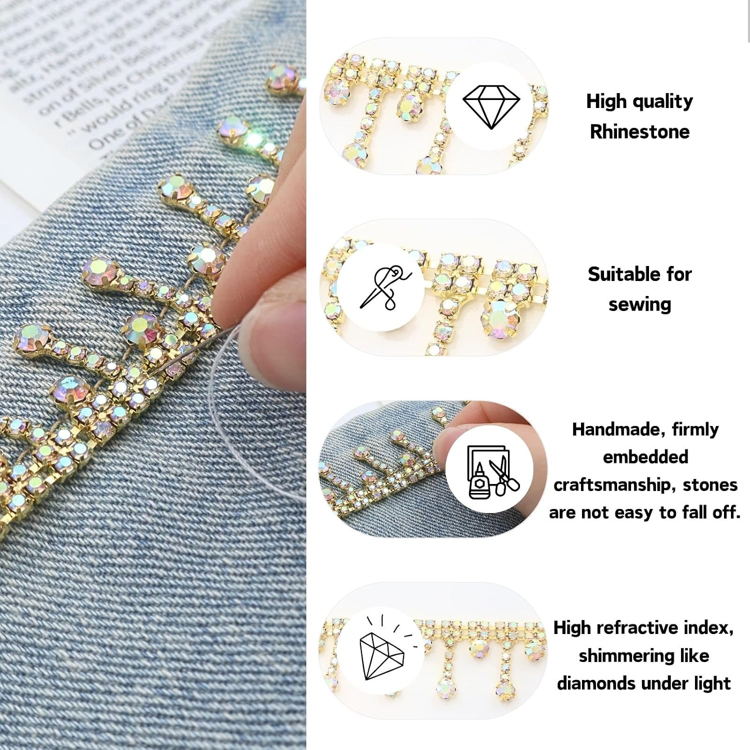 Bijou Joon 1 Yard Gold AB Rhinestone Trim Chain Crystal Trim Chain Fringe Tassel Straps DIY for Crafts Bridal Sewing Dress Embellishments Wedding Accessories Decorar